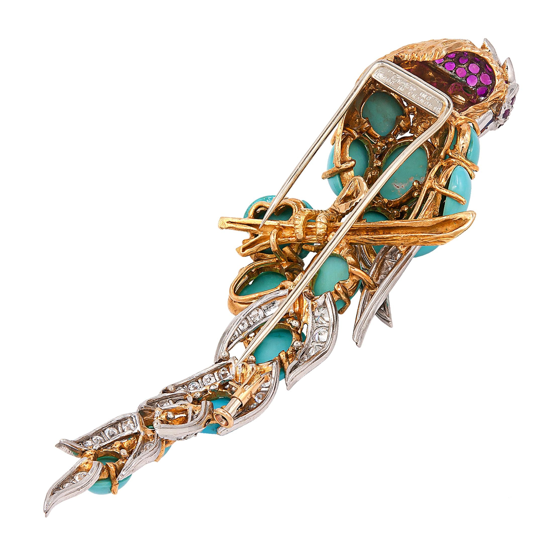 CARTIER Cabochon Turquoise, Diamond, Ruby and Emerald Parrot Brooch