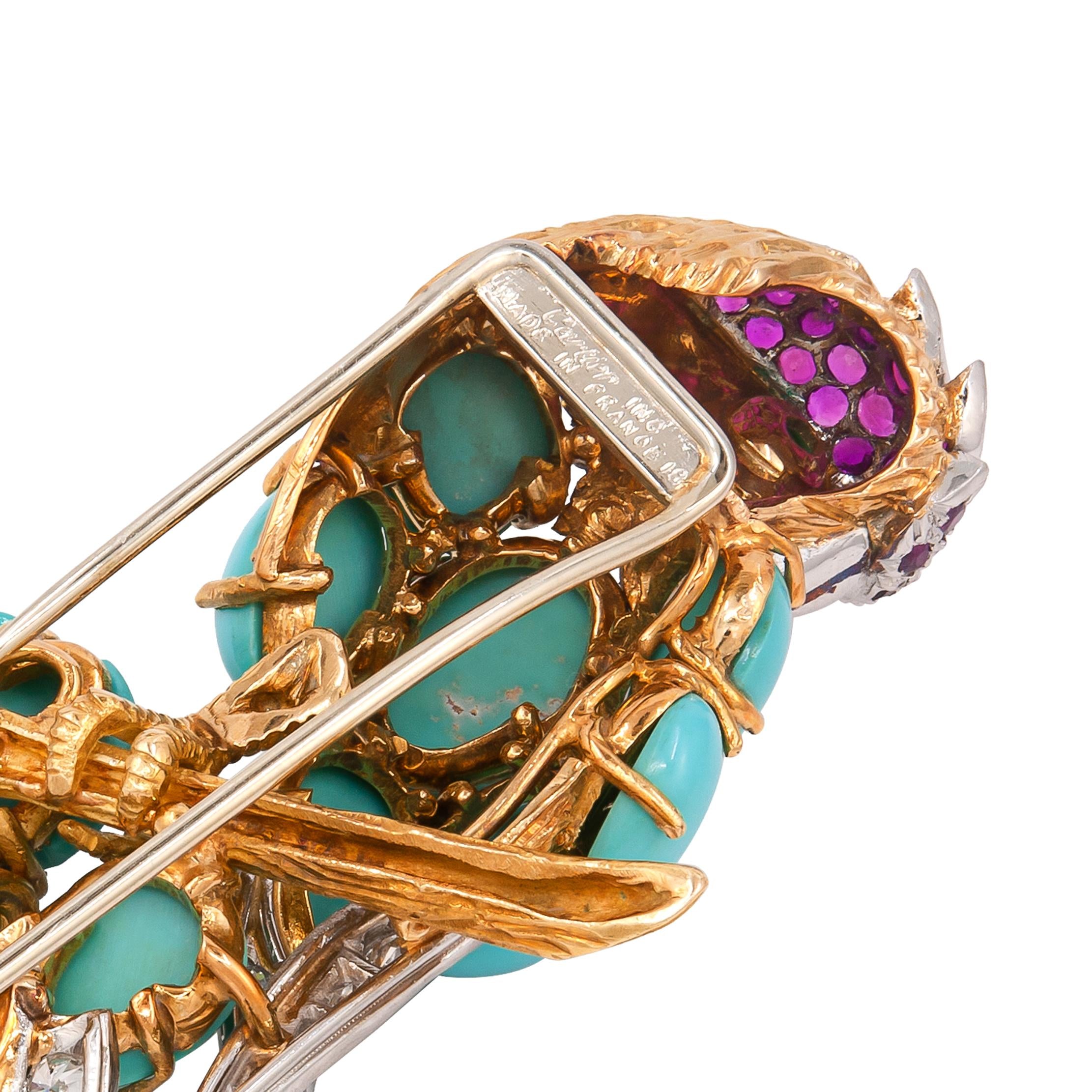 CARTIER Cabochon Turquoise, Diamond, Ruby and Emerald Parrot Brooch