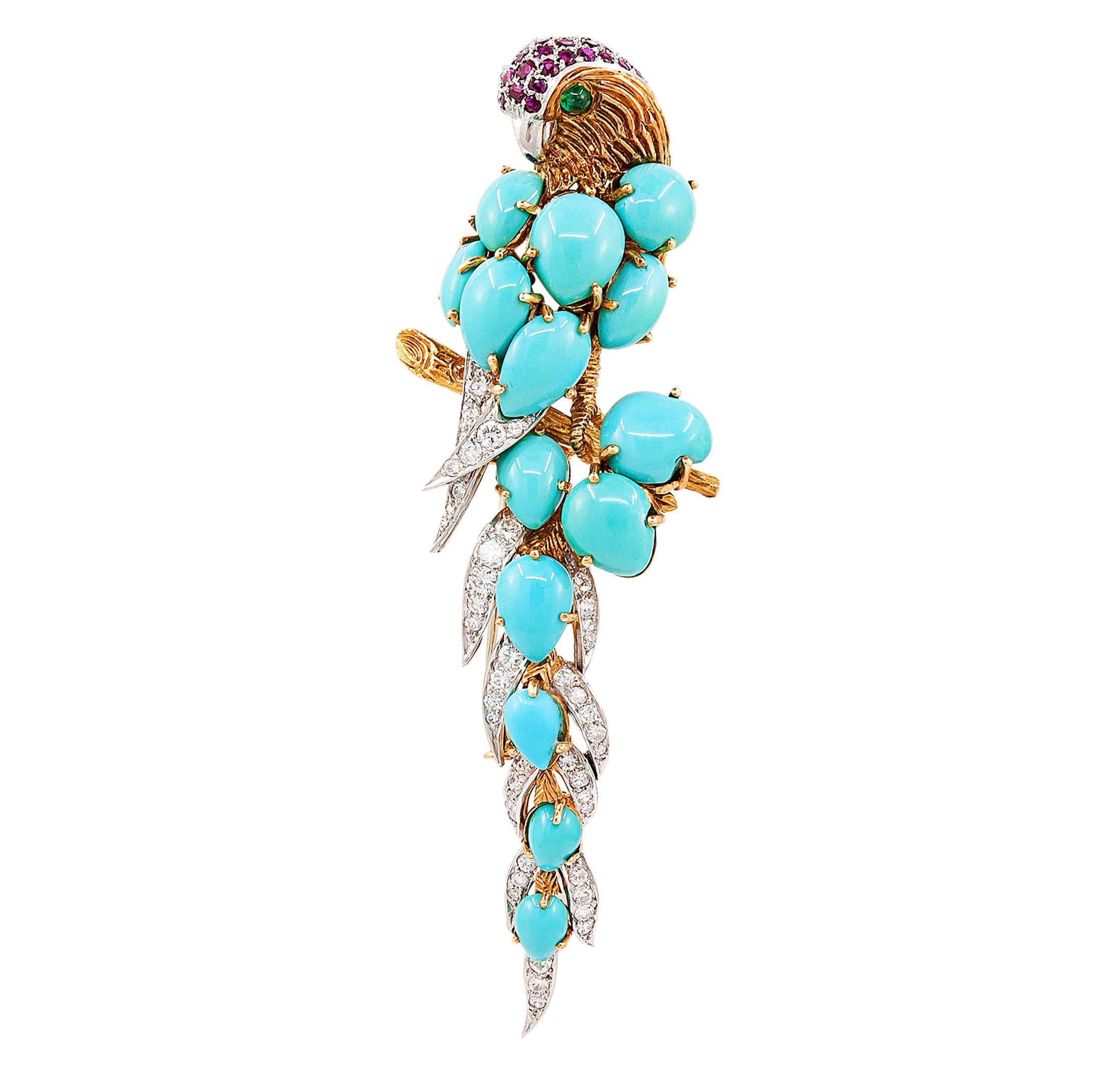 CARTIER Cabochon Turquoise, Diamond, Ruby and Emerald Parrot Brooch