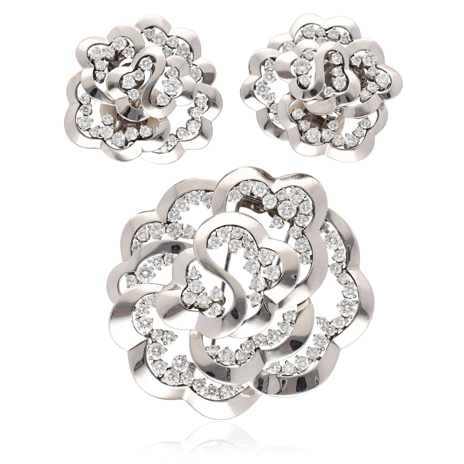 VAN CLEEF & ARPELS Diamond Camellia Brooch and Earrings