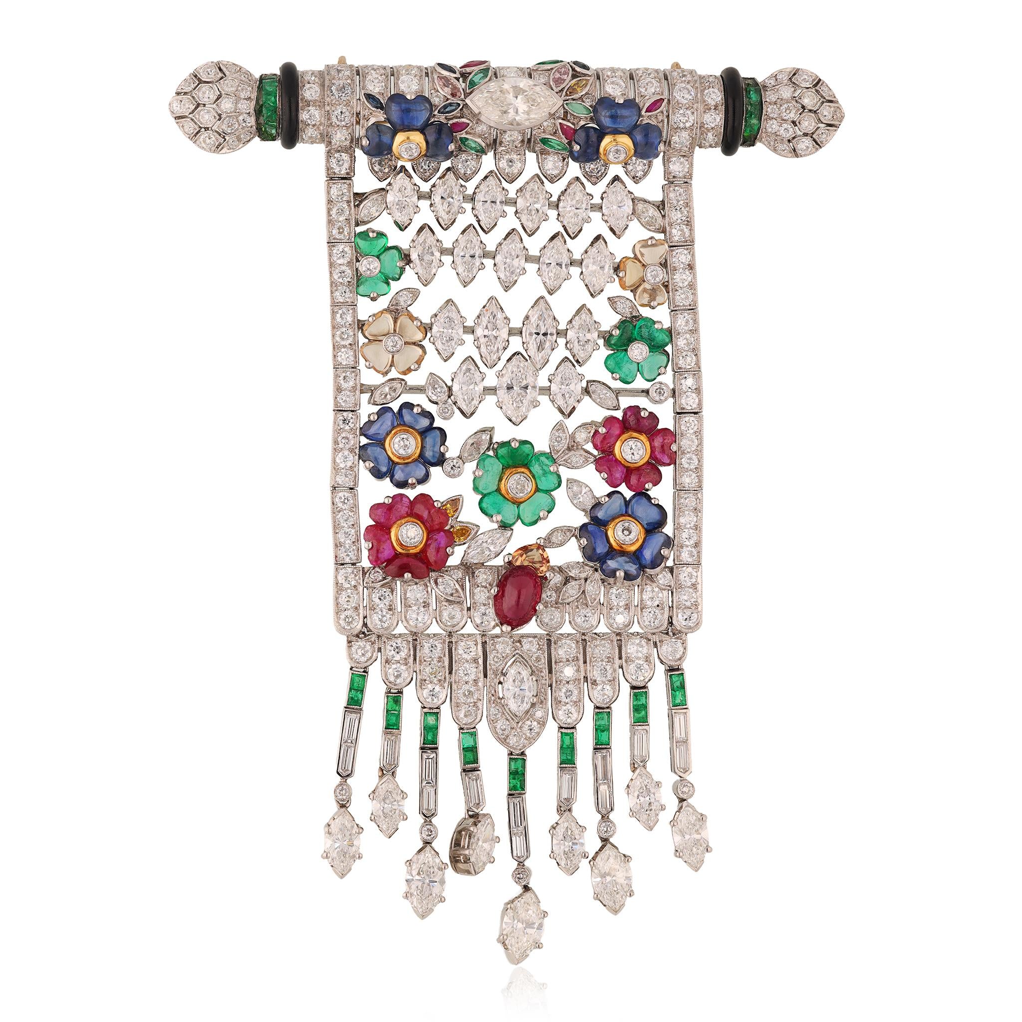 Platinum, Diamond, Sapphire, Emerald, Pink Tourmaline, and Ruby Brooch