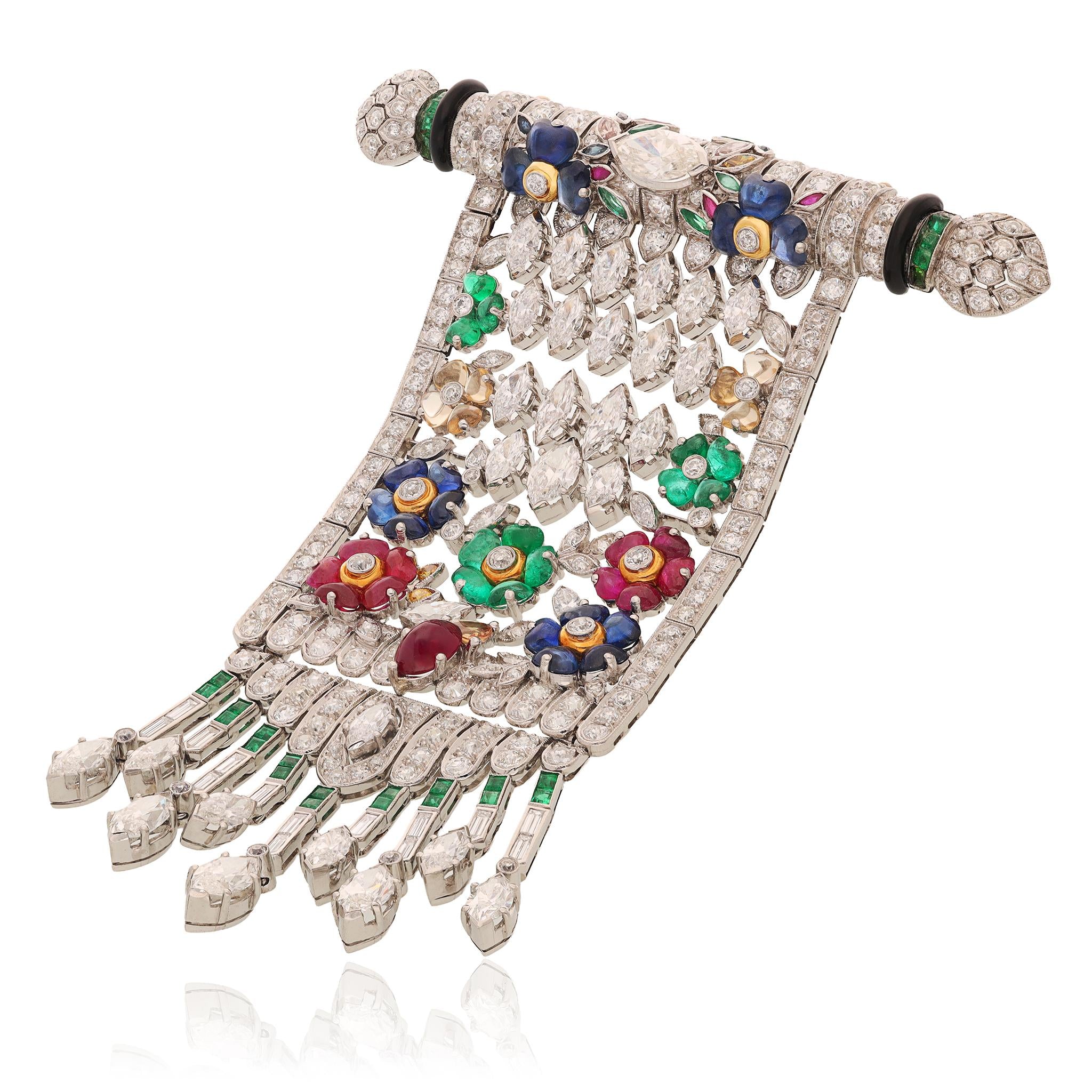 Platinum, Diamond, Sapphire, Emerald, Pink Tourmaline, and Ruby Brooch