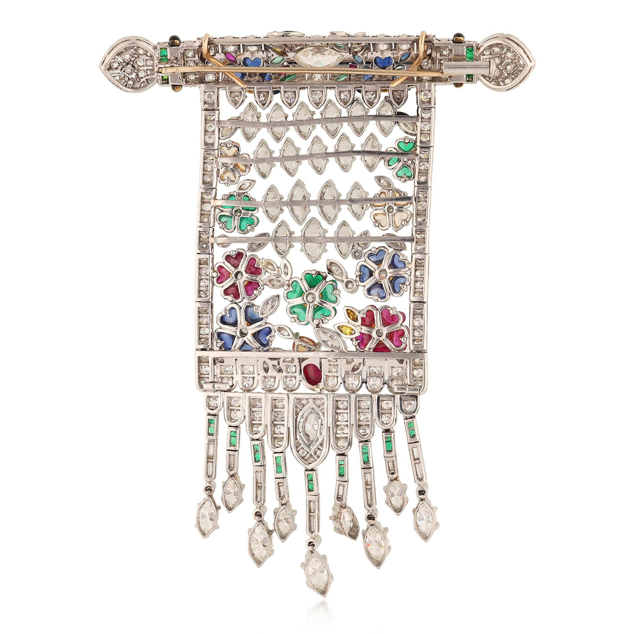 Platinum, Diamond, Sapphire, Emerald, Pink Tourmaline, and Ruby Brooch