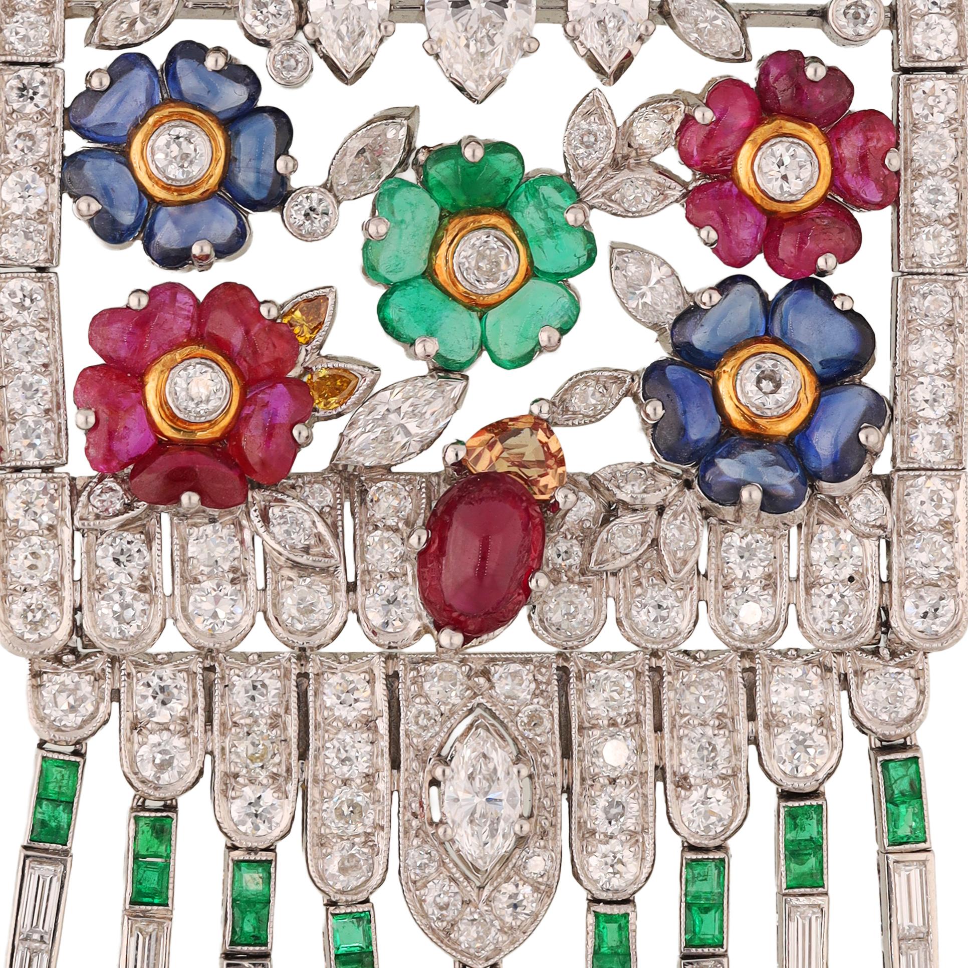 Platinum, Diamond, Sapphire, Emerald, Pink Tourmaline, and Ruby Brooch