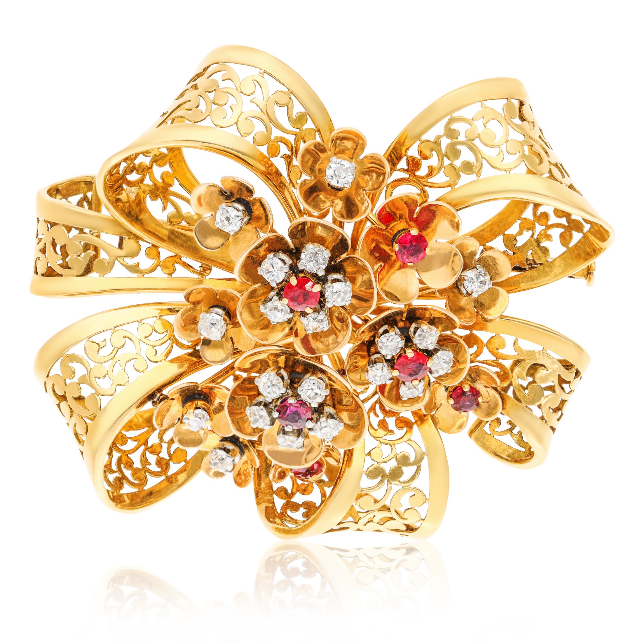 18K YELLOW GOLD DIAMOND AND RUBY RIBBON BROOCH