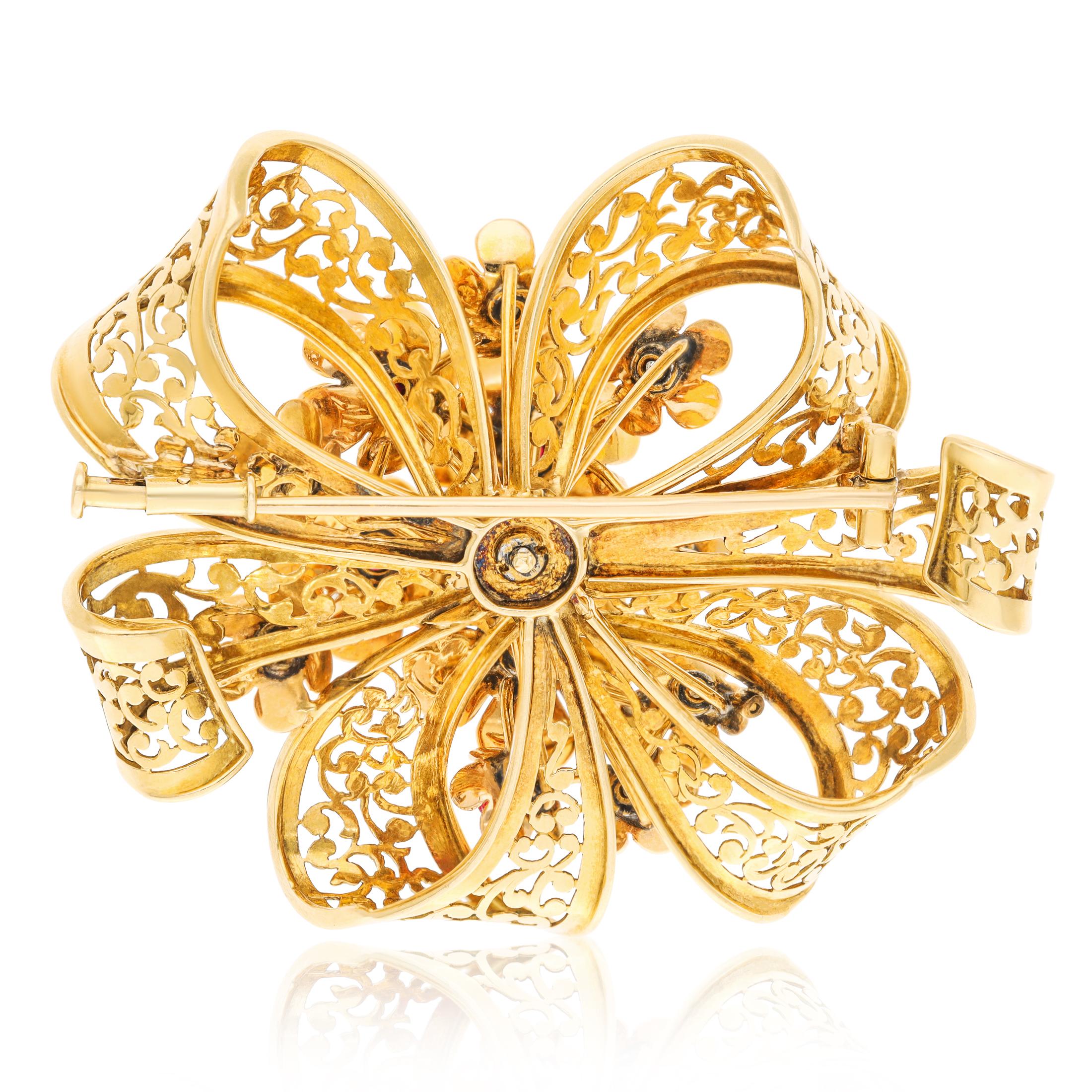 18K YELLOW GOLD DIAMOND AND RUBY RIBBON BROOCH