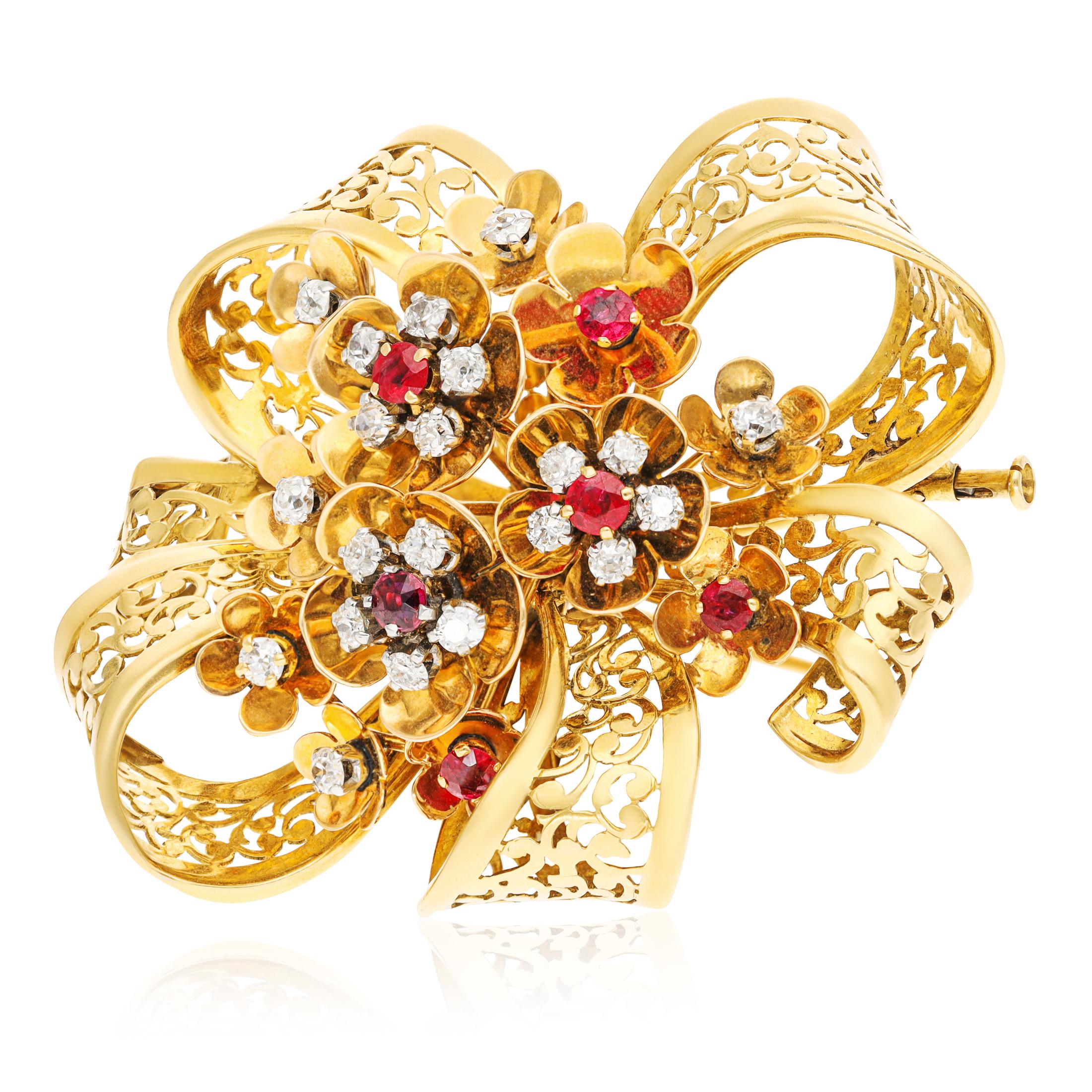18K YELLOW GOLD DIAMOND AND RUBY RIBBON BROOCH