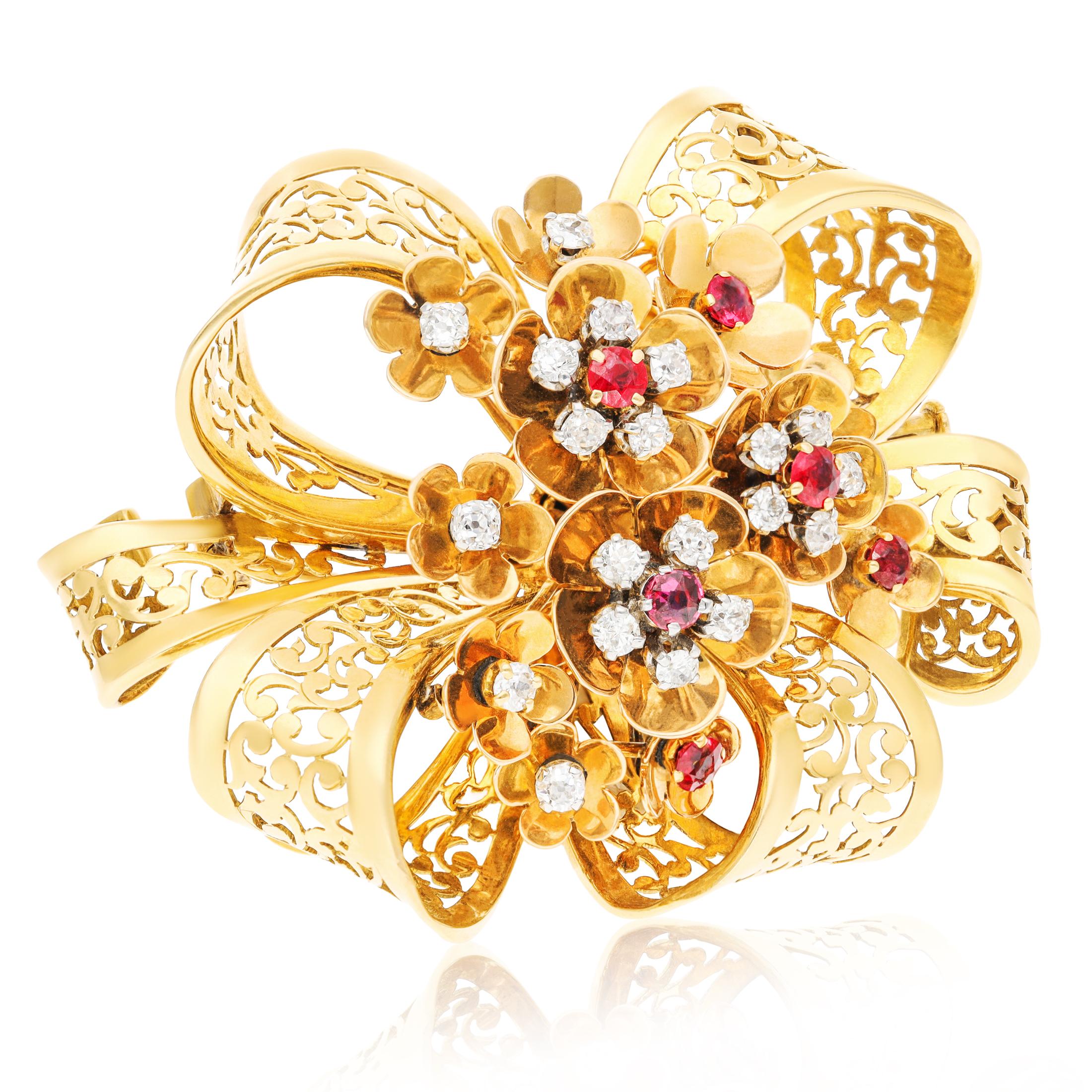 18K YELLOW GOLD DIAMOND AND RUBY RIBBON BROOCH