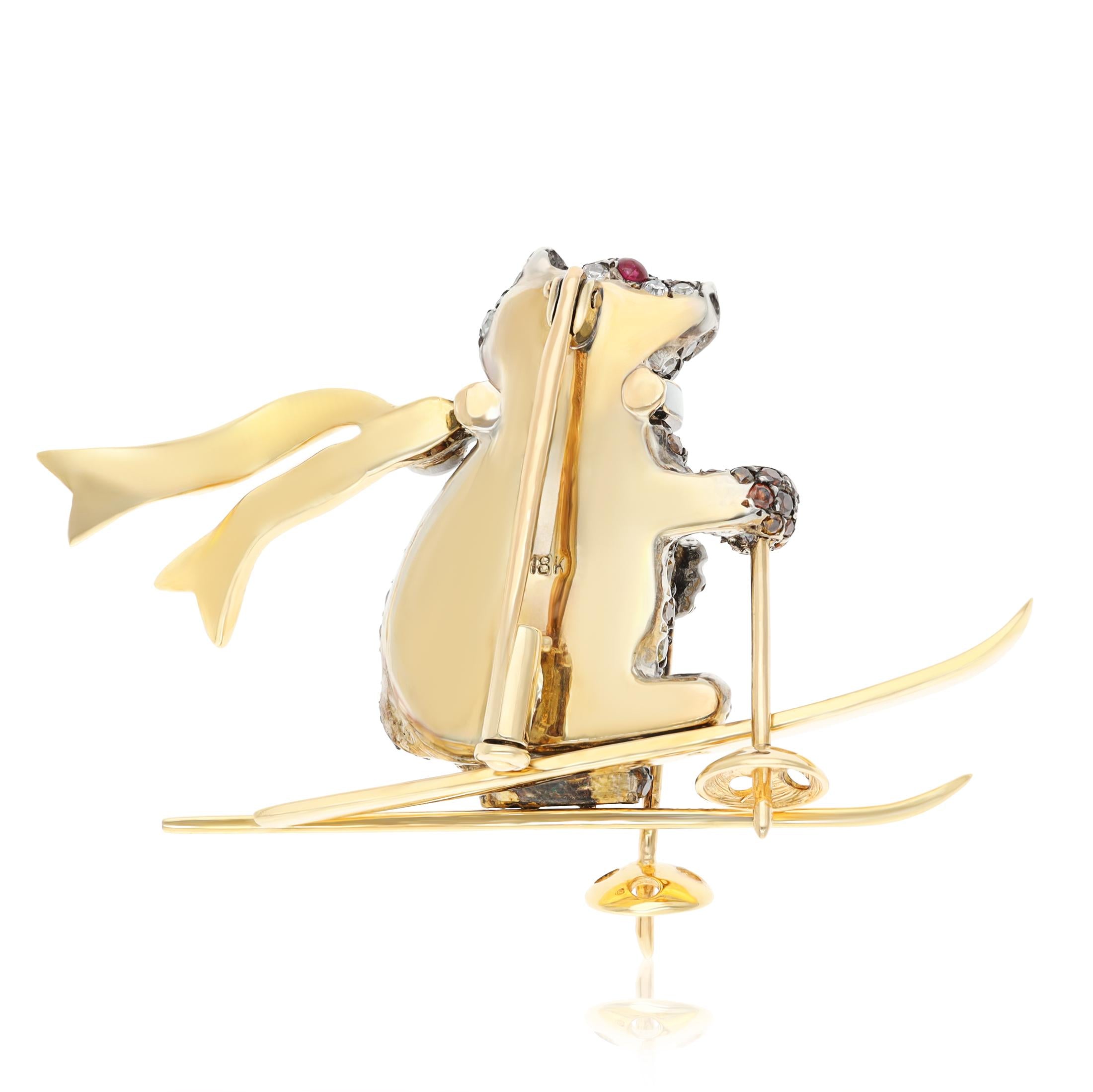 18K Gold Diamond, Ruby and Enamel Bear on Skis Brooch