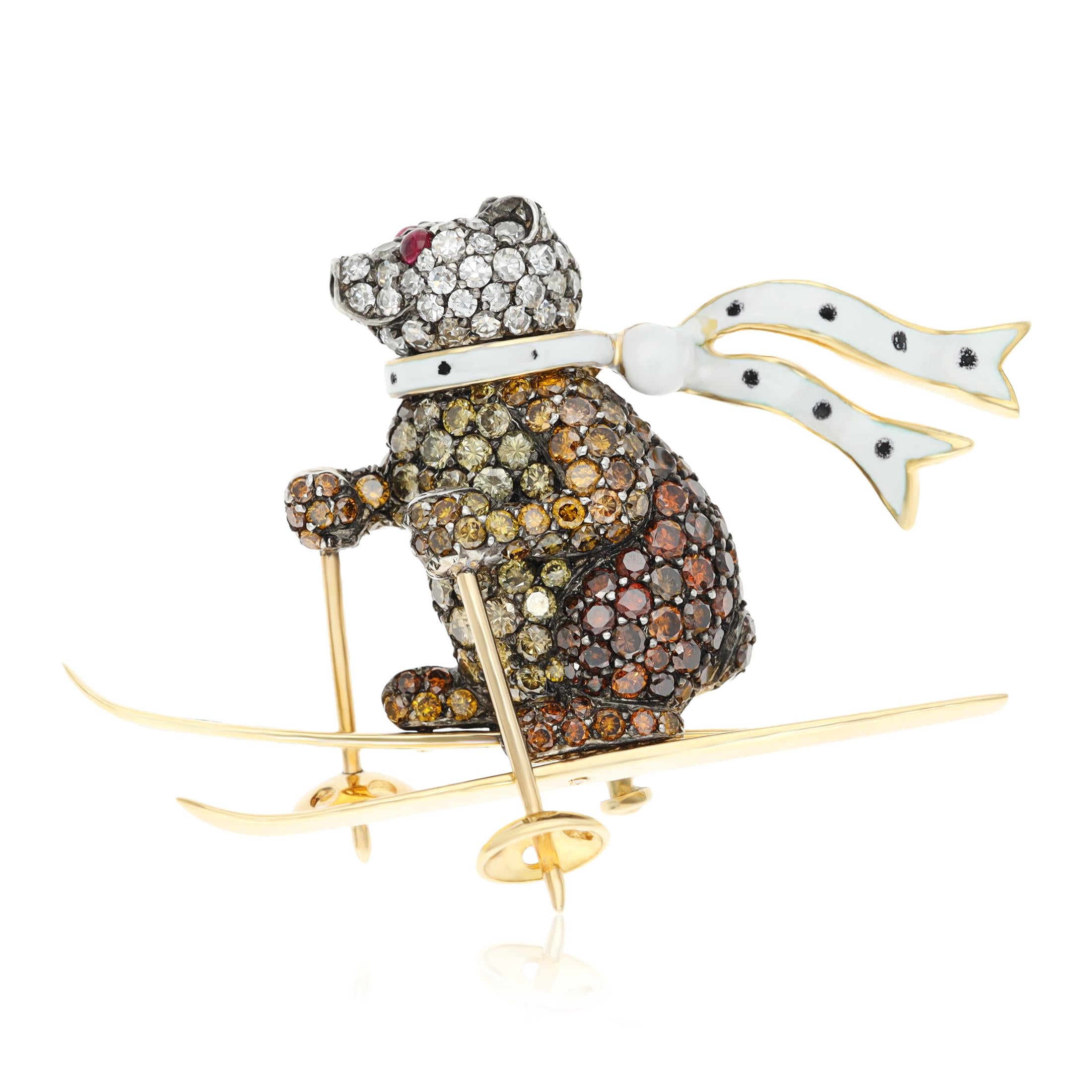 18K Gold Diamond, Ruby and Enamel Bear on Skis Brooch