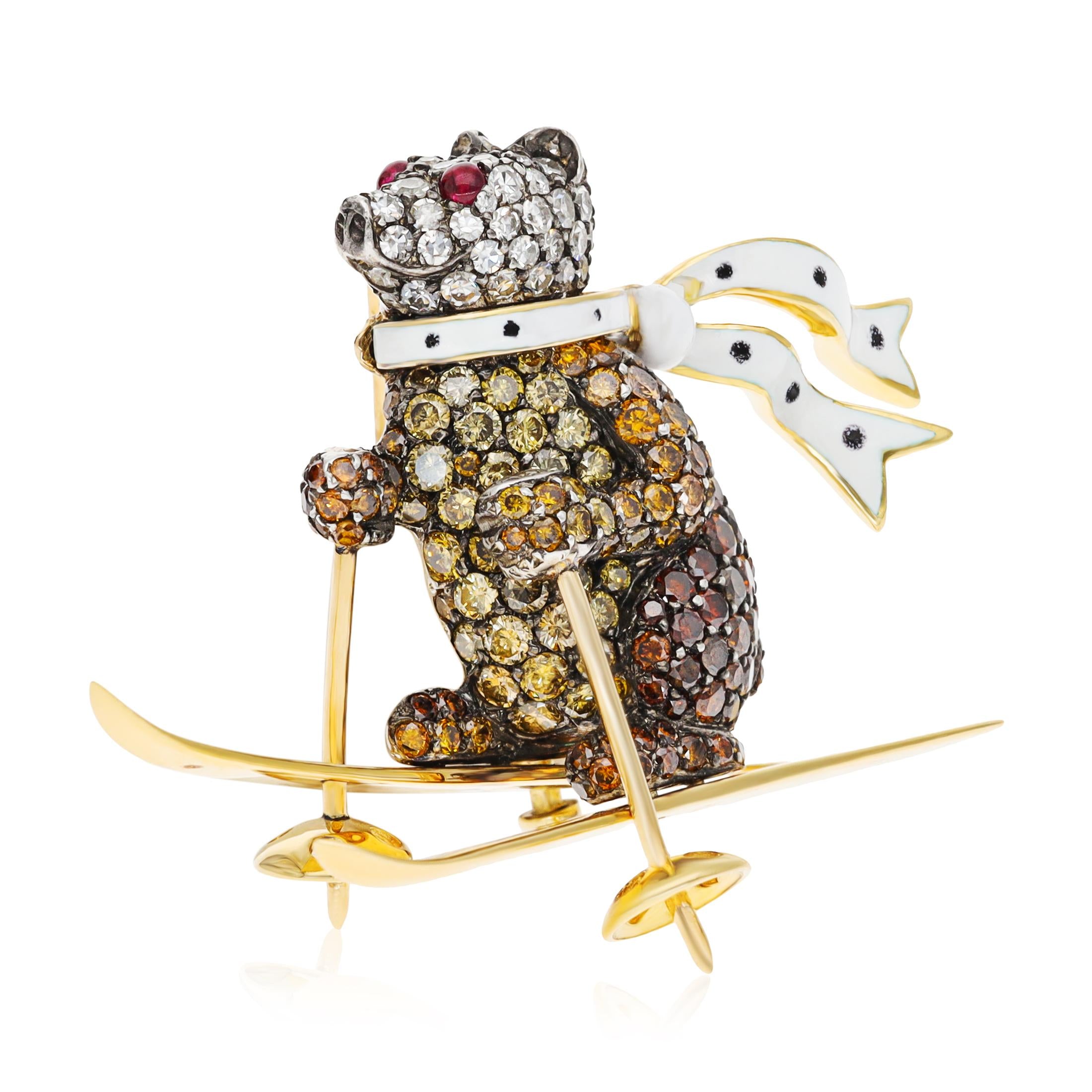18K Gold Diamond, Ruby and Enamel Bear on Skis Brooch