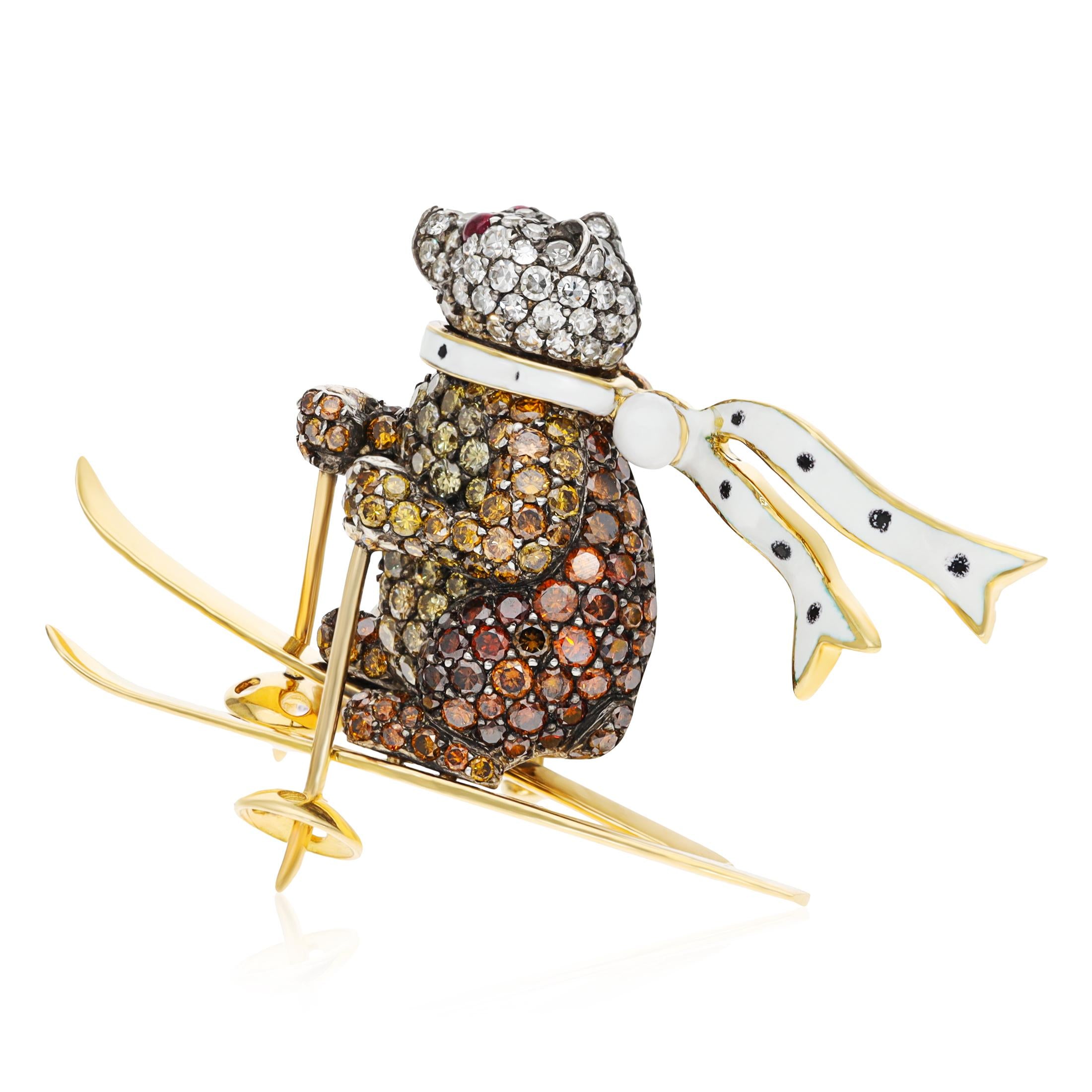 18K Gold Diamond, Ruby and Enamel Bear on Skis Brooch