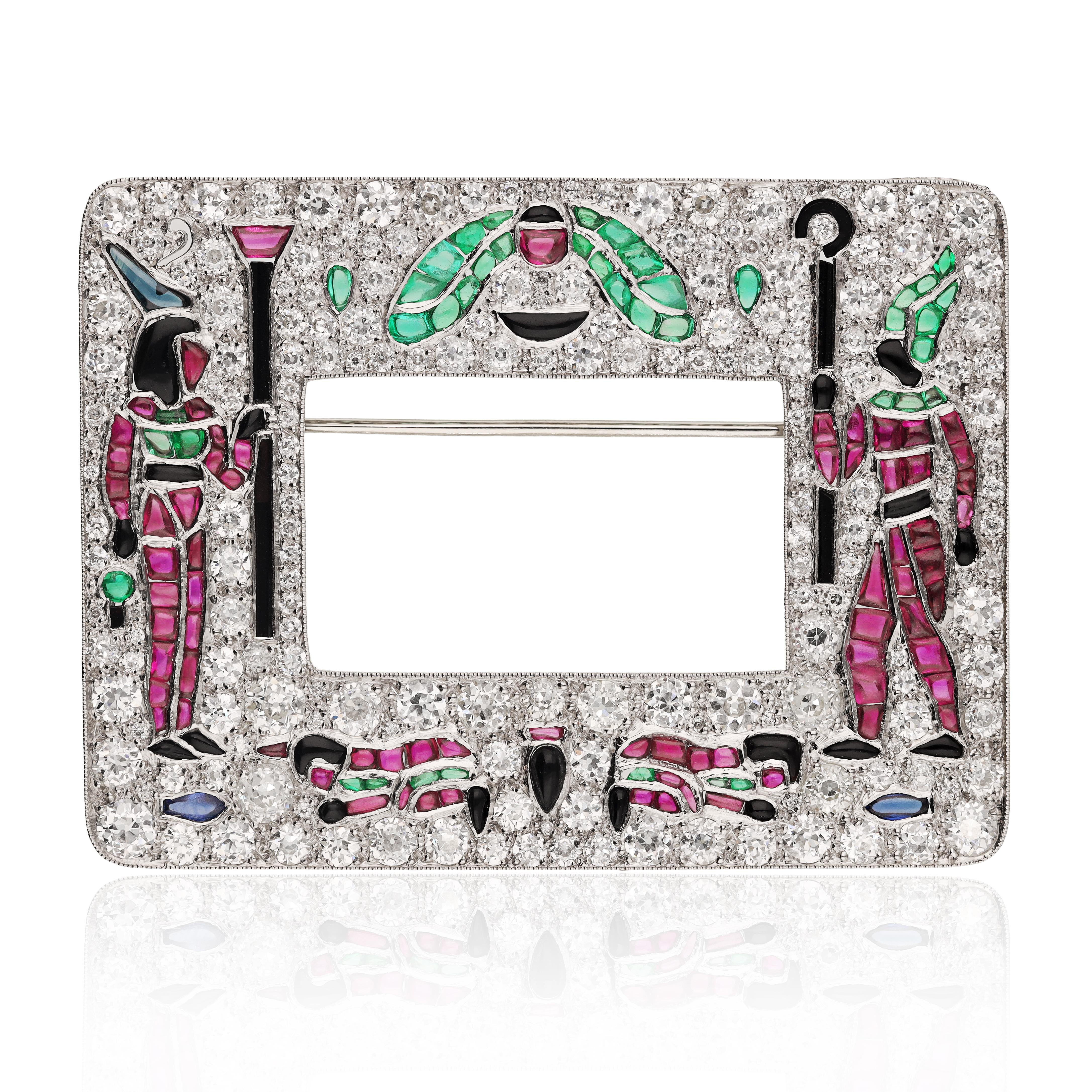 Egyptian Revival Diamond and Gem-Set Brooch in Platinum.