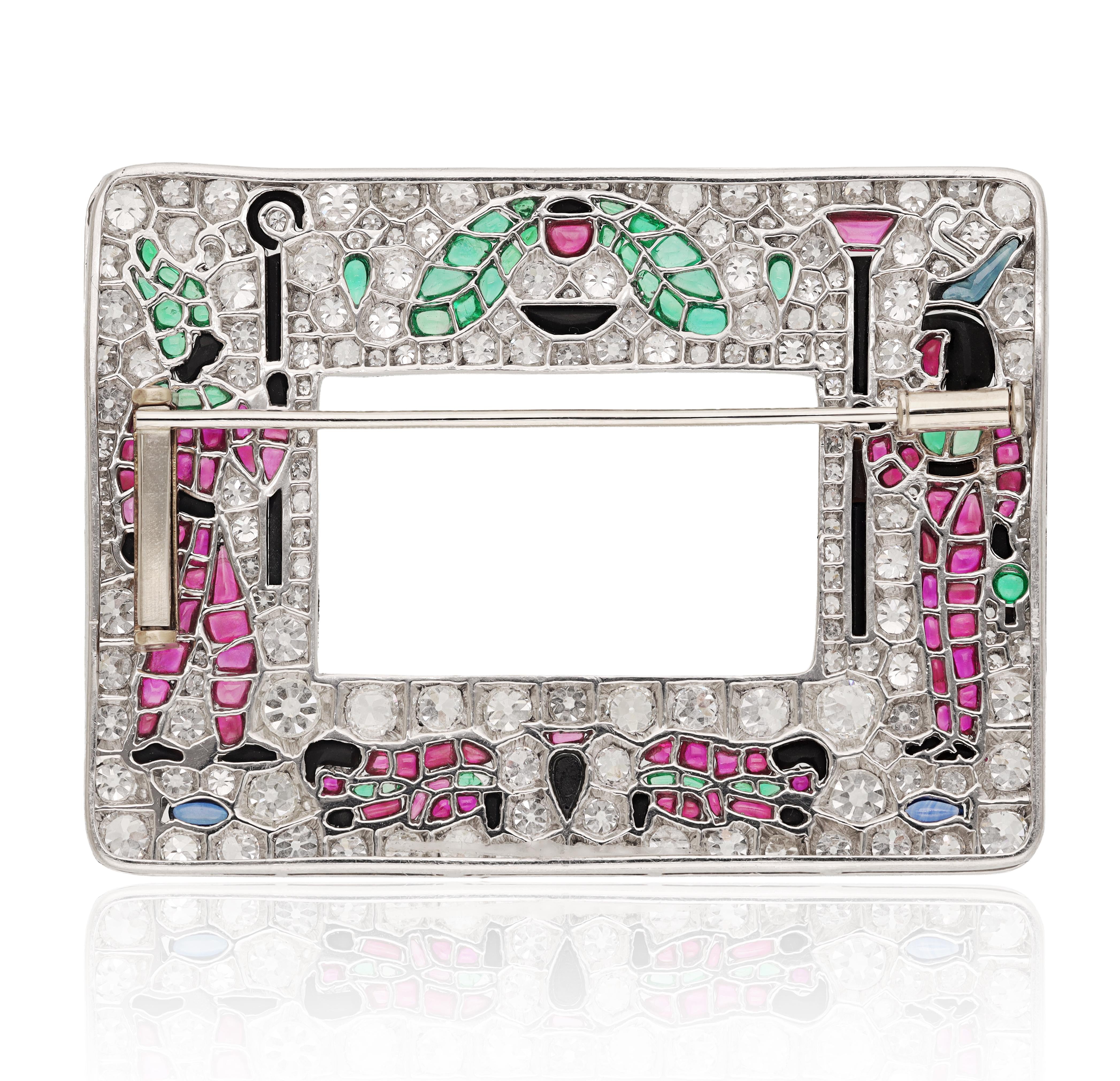 Egyptian Revival Diamond and Gem-Set Brooch in Platinum.