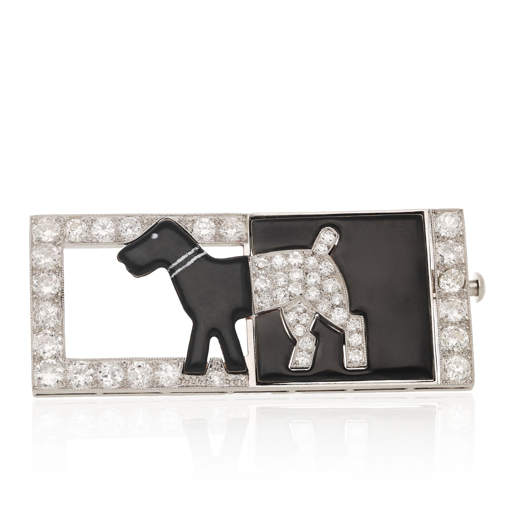 Platinum, Diamond and Black Enamel Dog Plaque Brooch