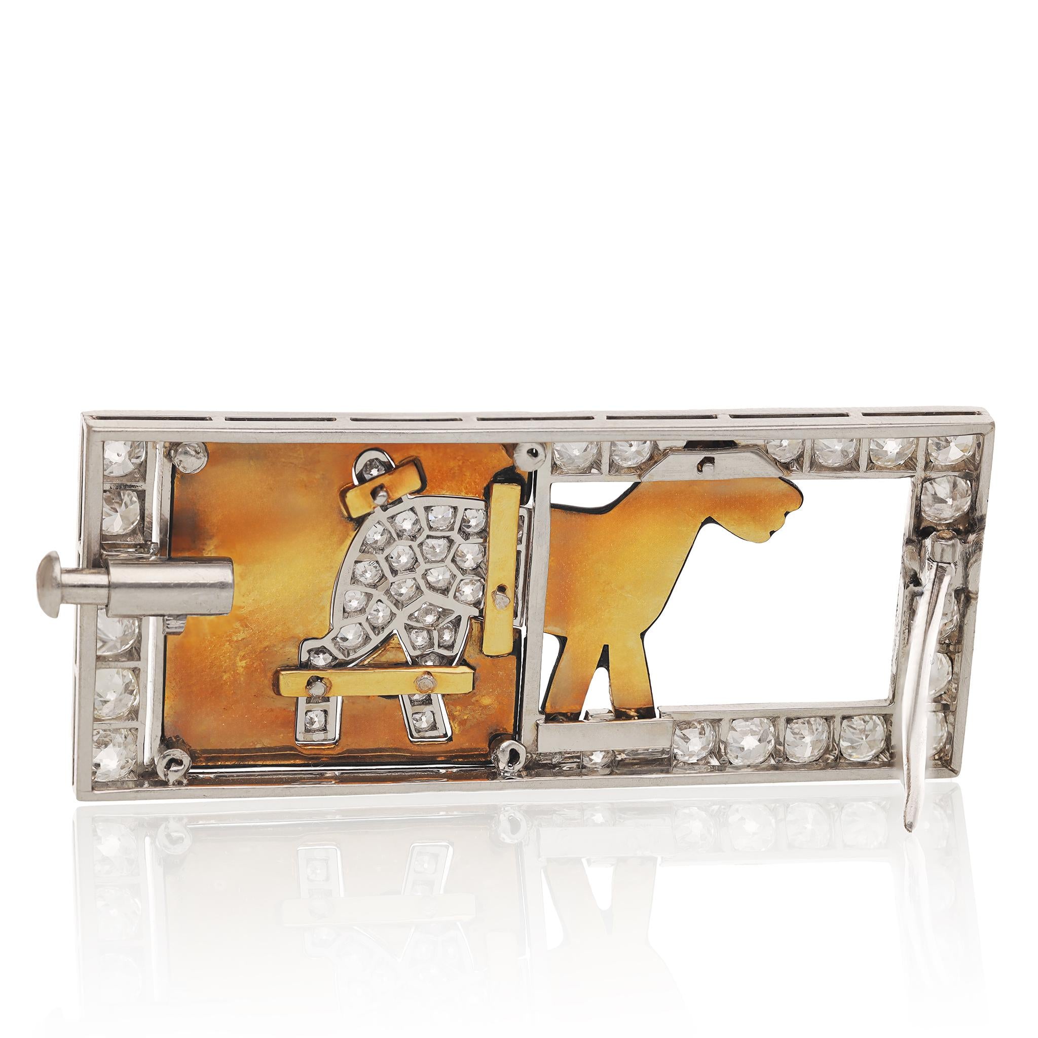Platinum, Diamond and Black Enamel Dog Plaque Brooch