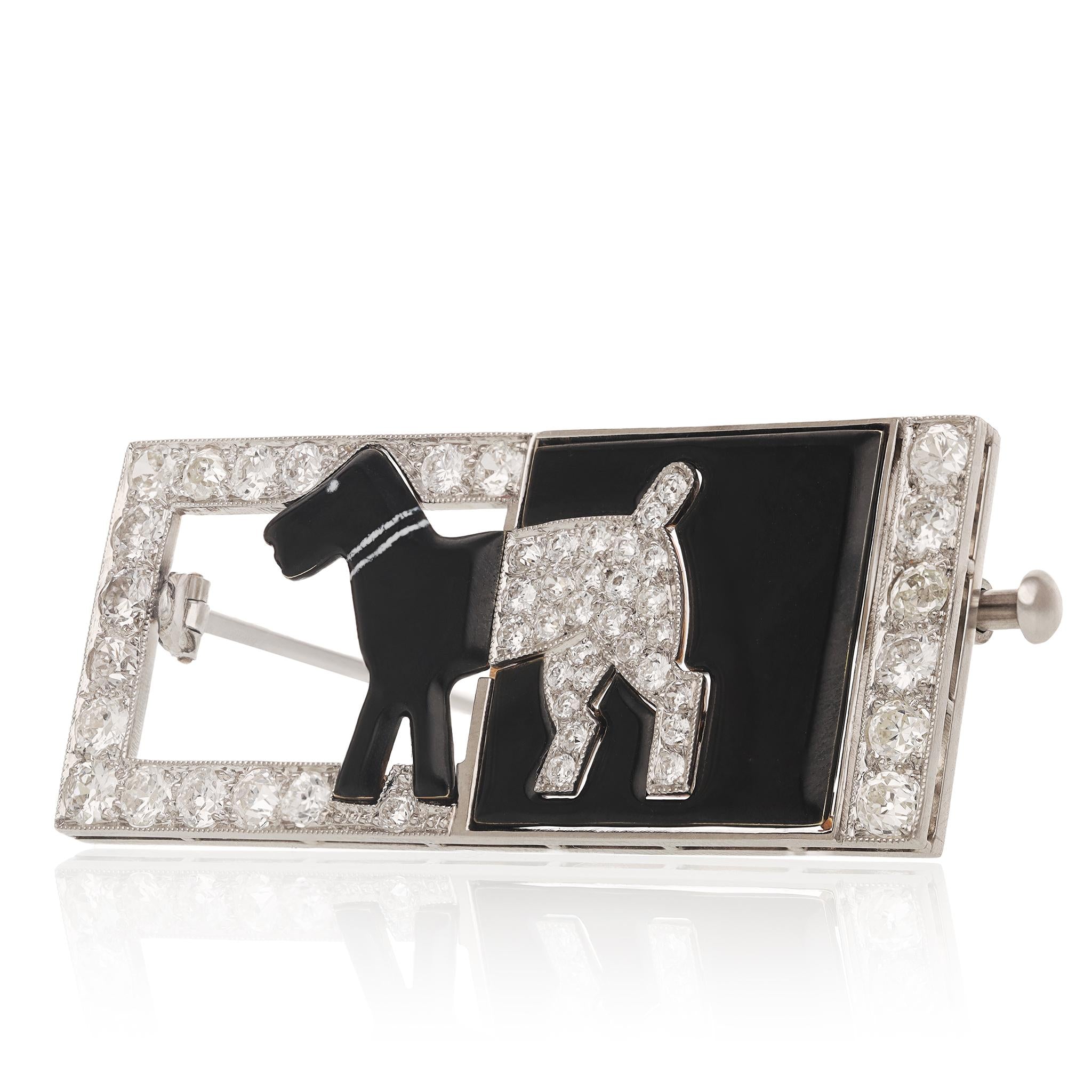 Platinum, Diamond and Black Enamel Dog Plaque Brooch