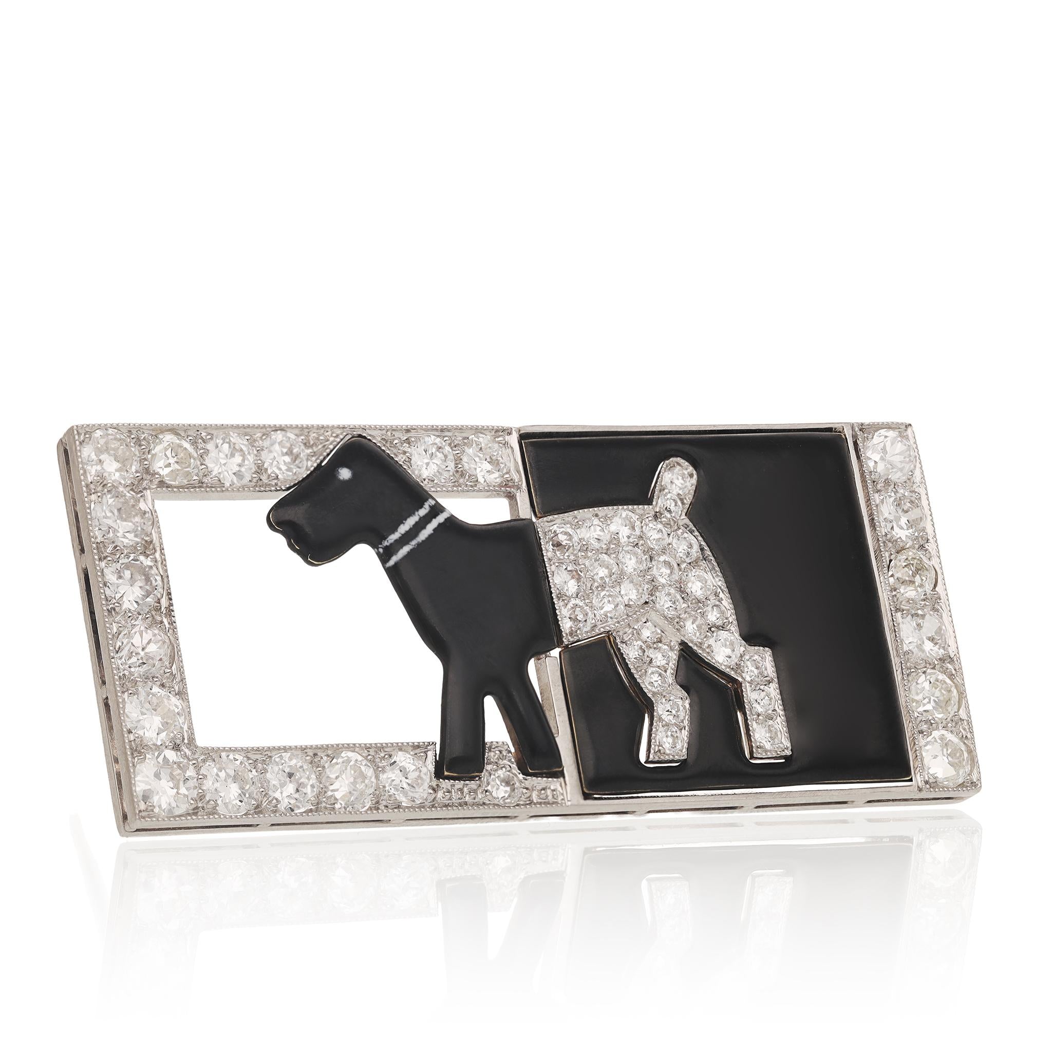 Platinum, Diamond and Black Enamel Dog Plaque Brooch