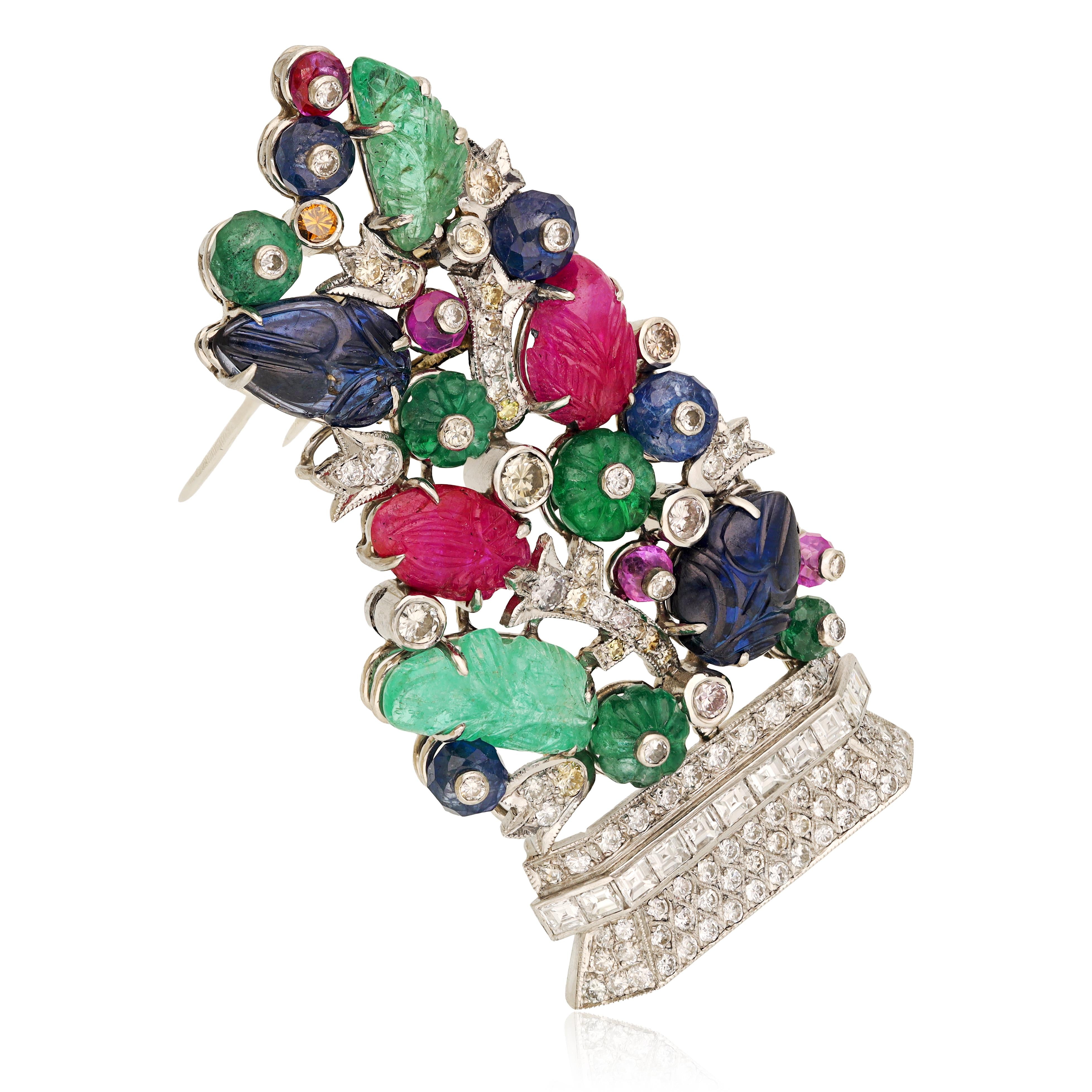 Platinum, Colored Stone and Diamond Brooch