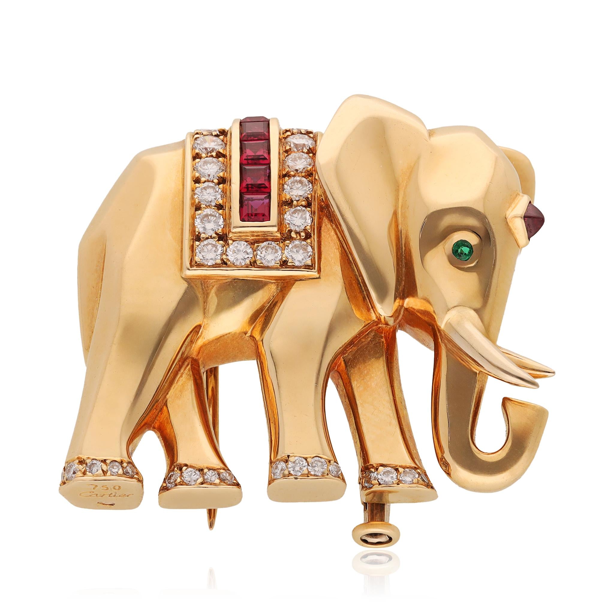 Cartier 18K Yellow Gold, Diamond, Ruby and Emerald Elephant Brooch