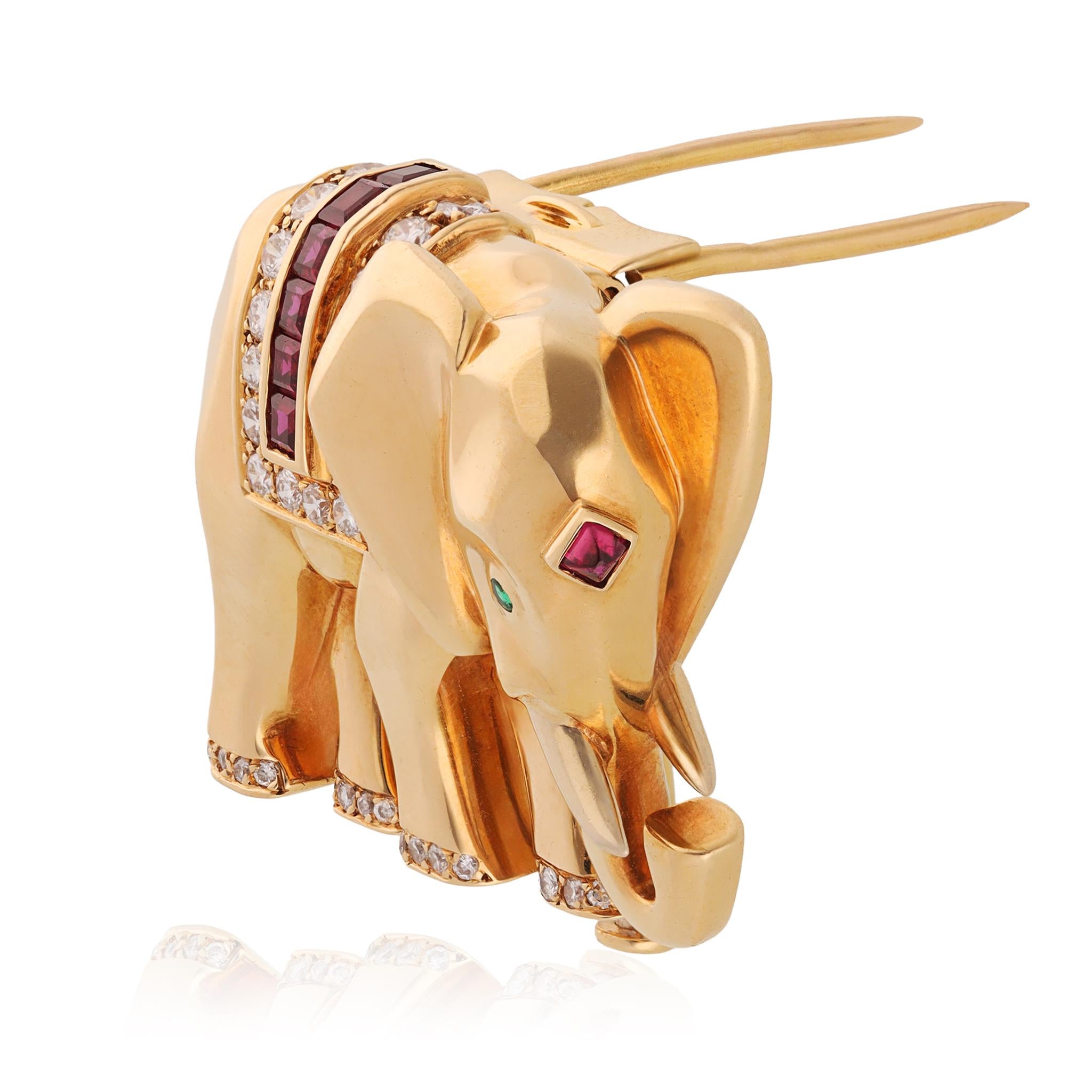 Cartier 18K Yellow Gold, Diamond, Ruby and Emerald Elephant Brooch