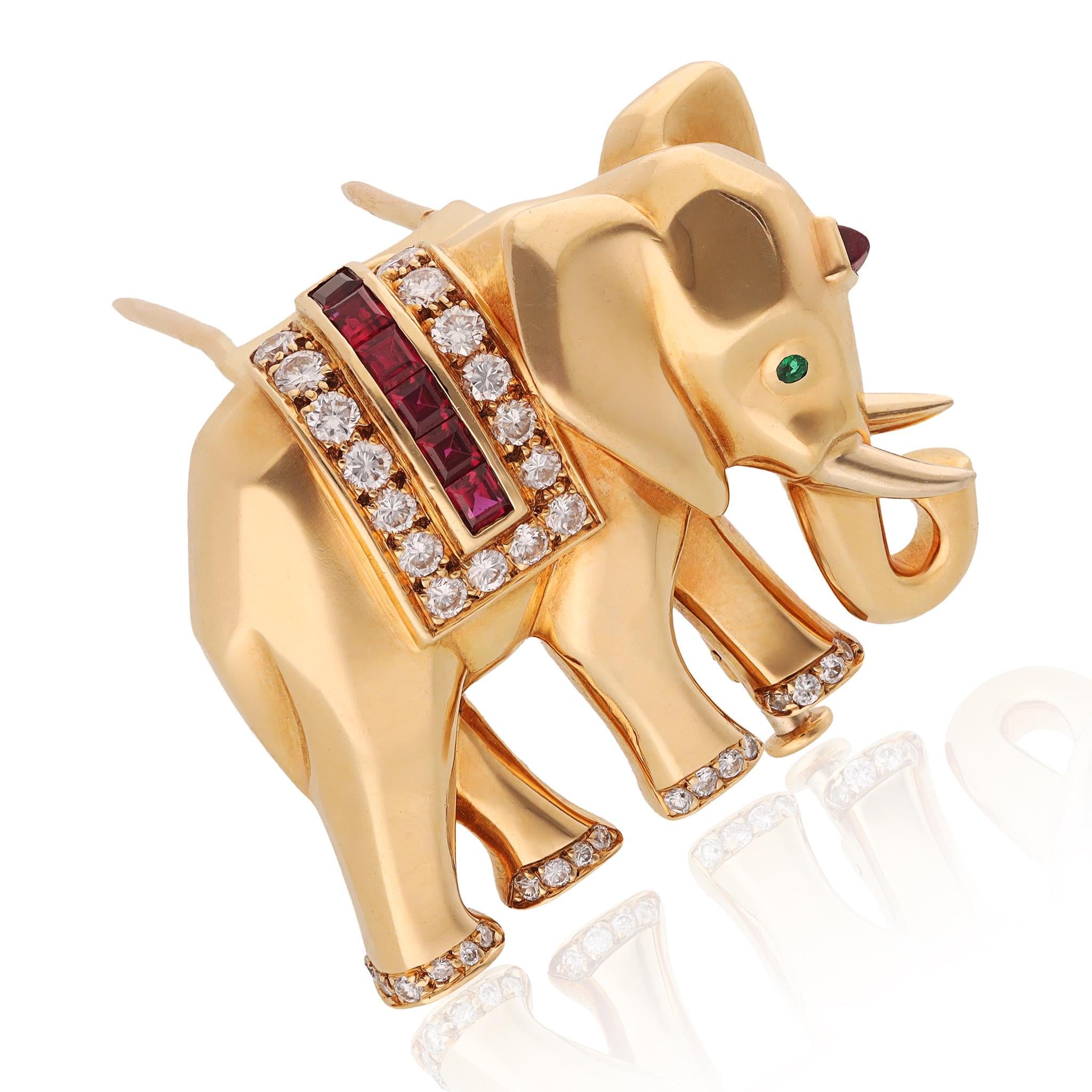 Cartier 18K Yellow Gold, Diamond, Ruby and Emerald Elephant Brooch