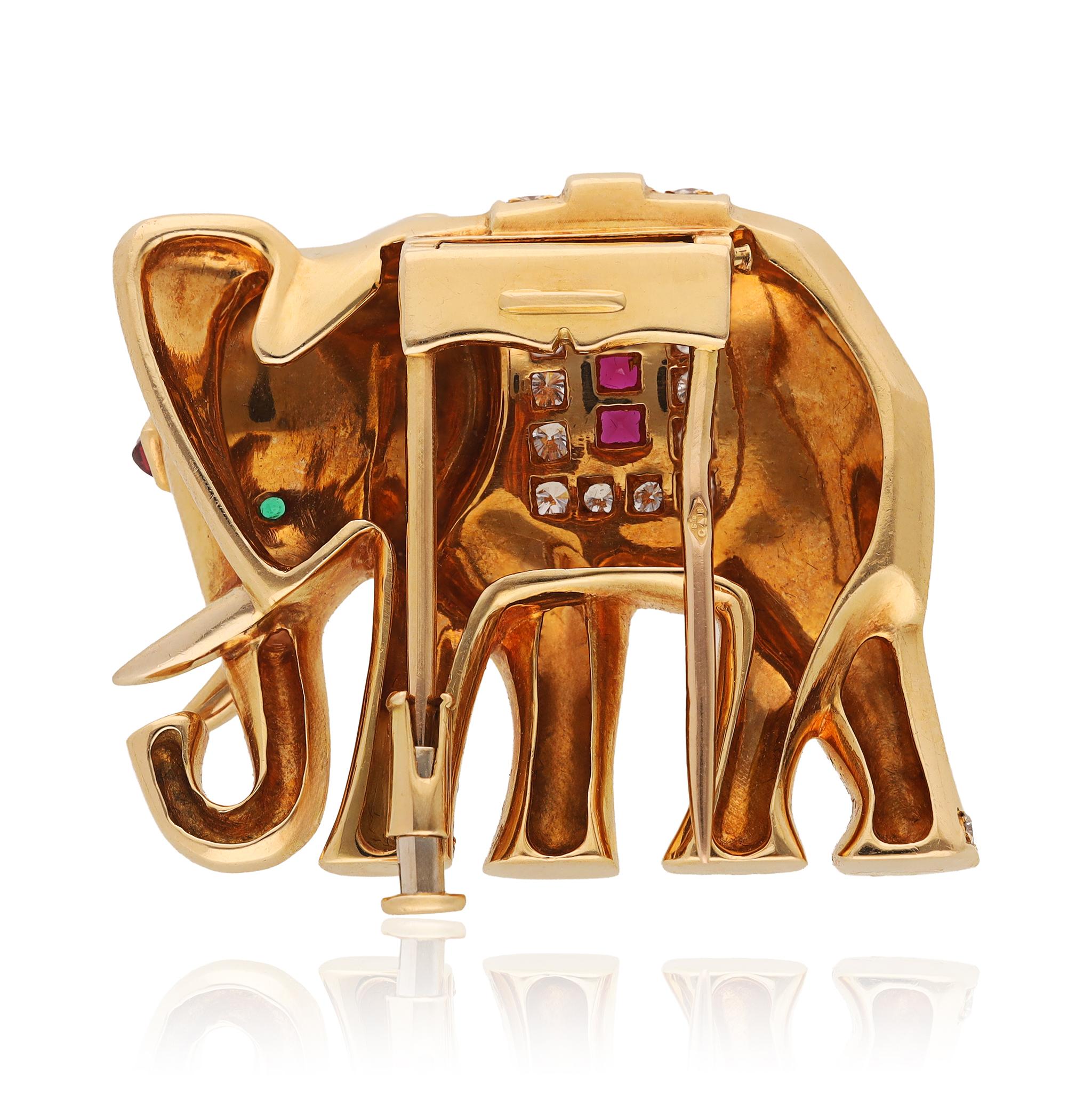Cartier 18K Yellow Gold, Diamond, Ruby and Emerald Elephant Brooch