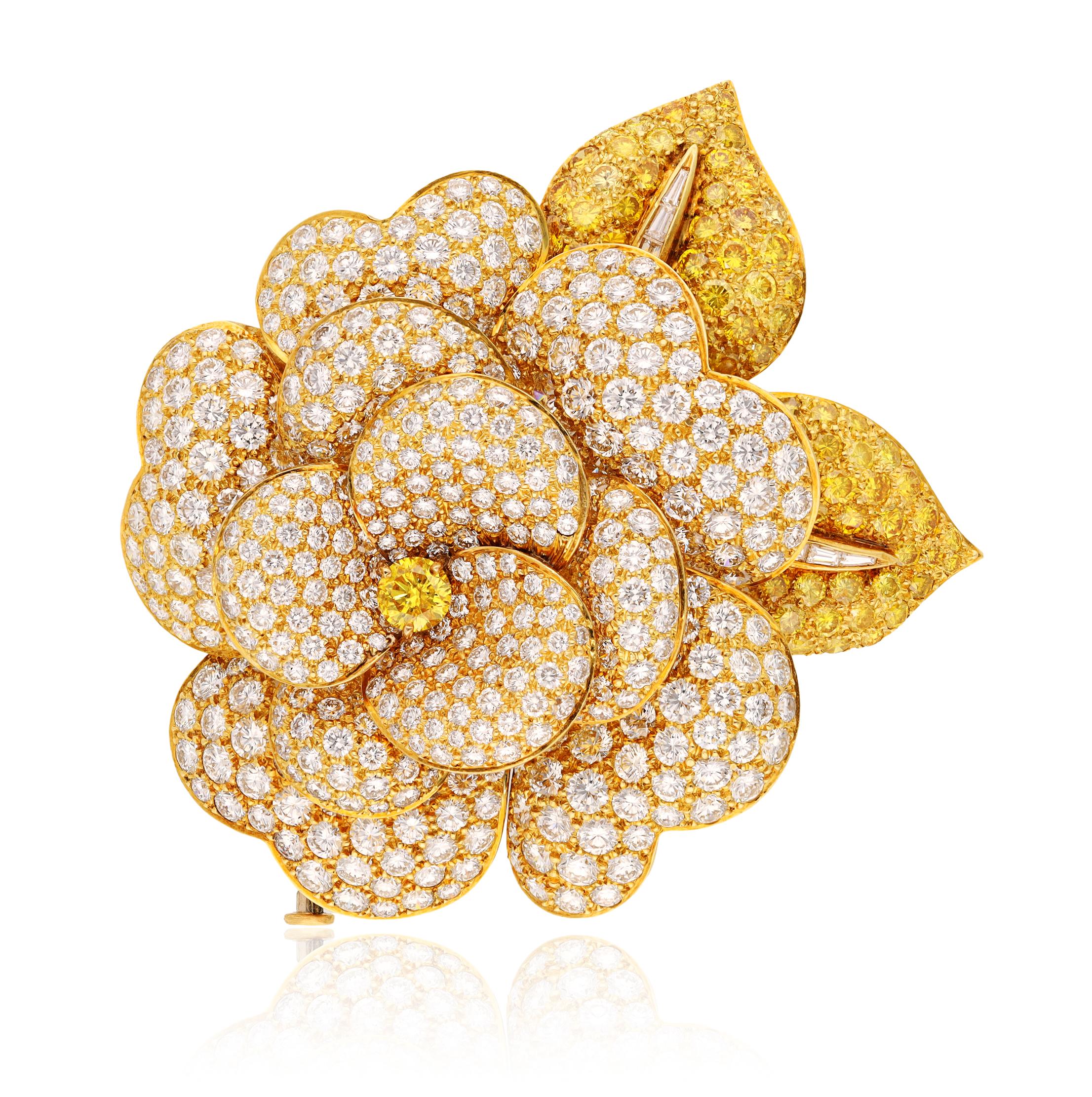 VAN CLEEF & ARPELS Fancy Yellow and White Diamond “Camélia” Flower Brooch