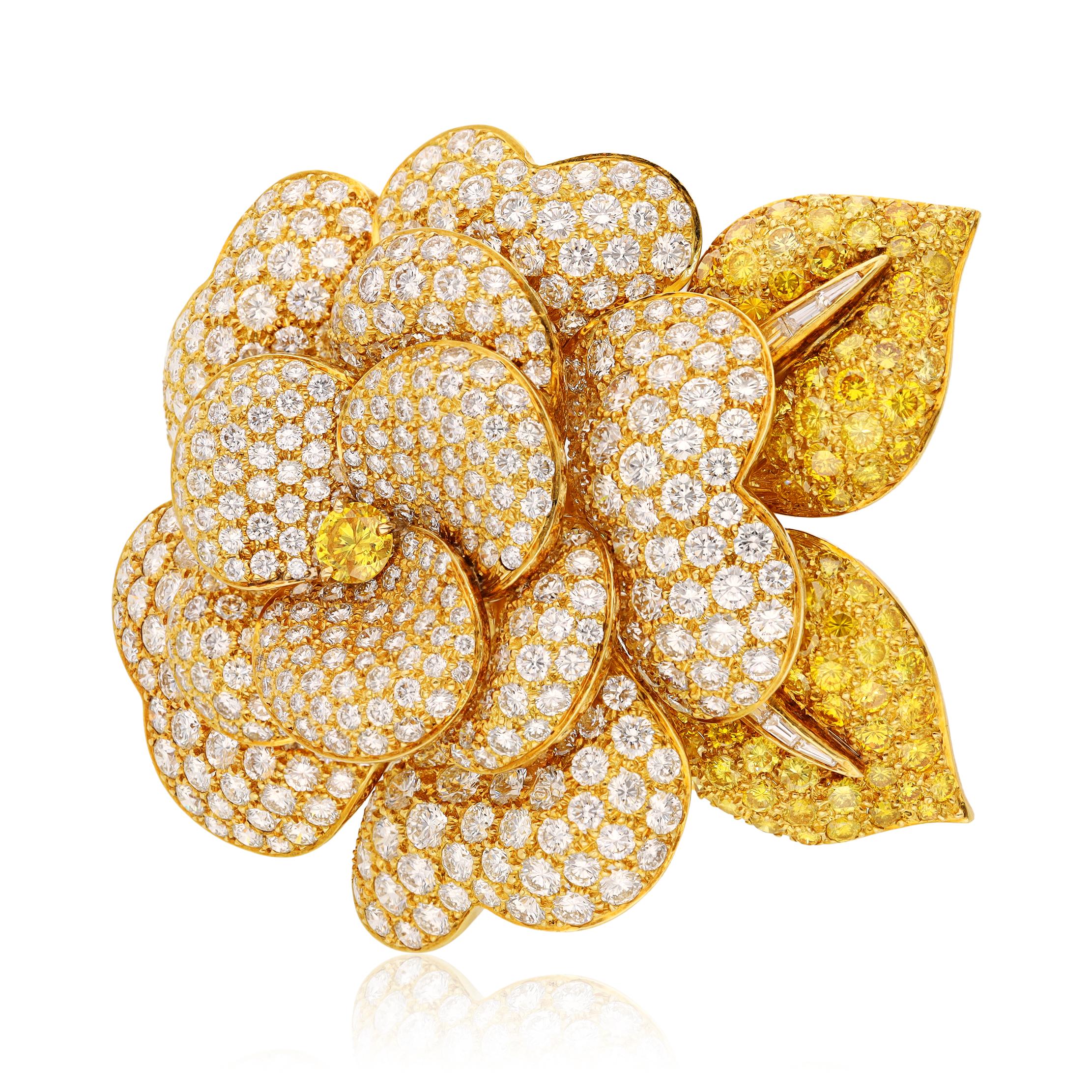 VAN CLEEF & ARPELS Fancy Yellow and White Diamond “Camélia” Flower Brooch