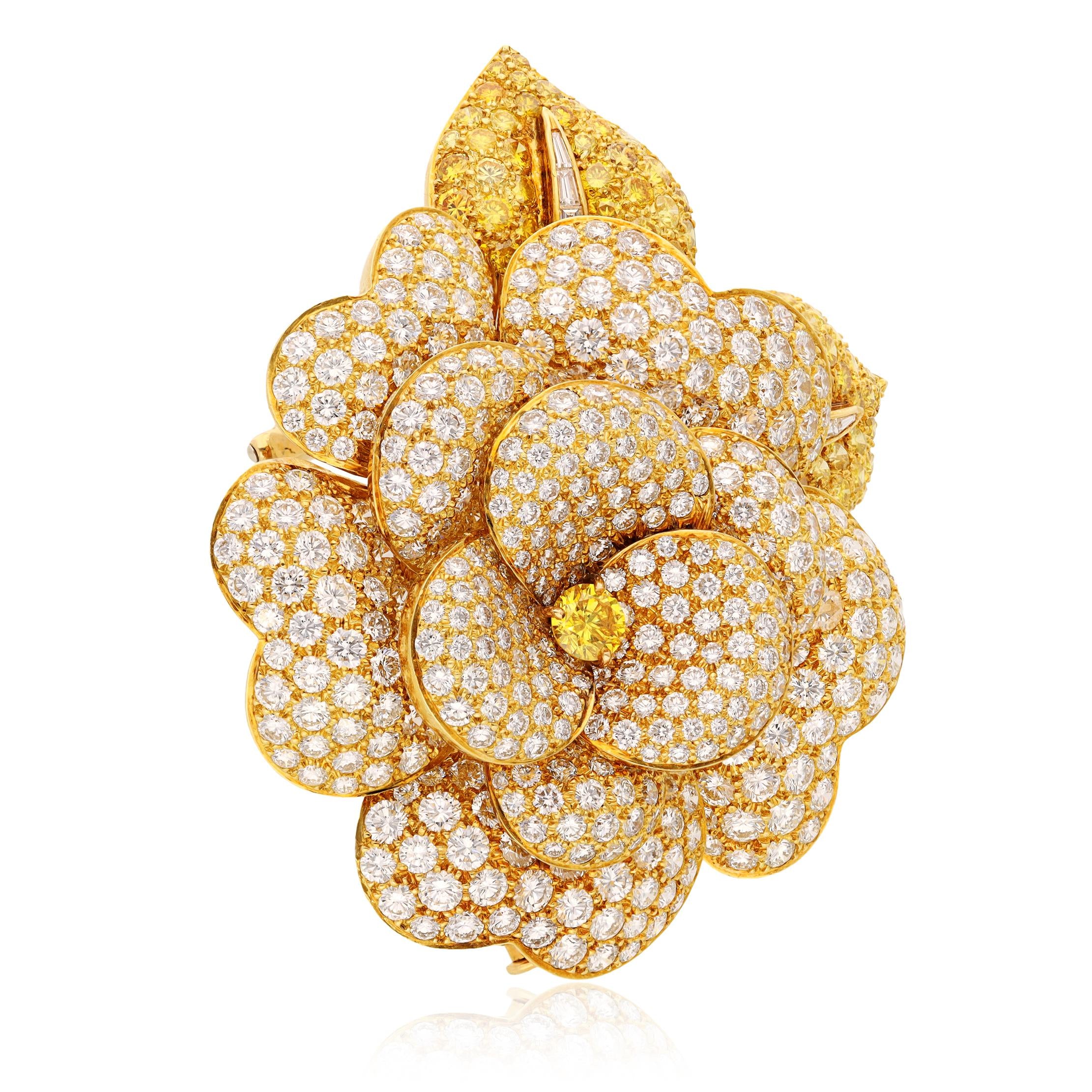 VAN CLEEF & ARPELS Fancy Yellow and White Diamond “Camélia” Flower Brooch
