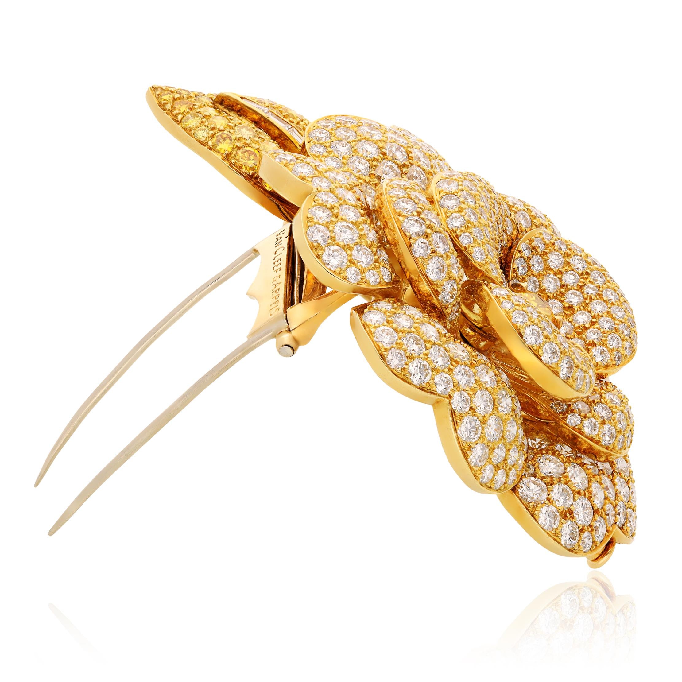VAN CLEEF & ARPELS Fancy Yellow and White Diamond “Camélia” Flower Brooch