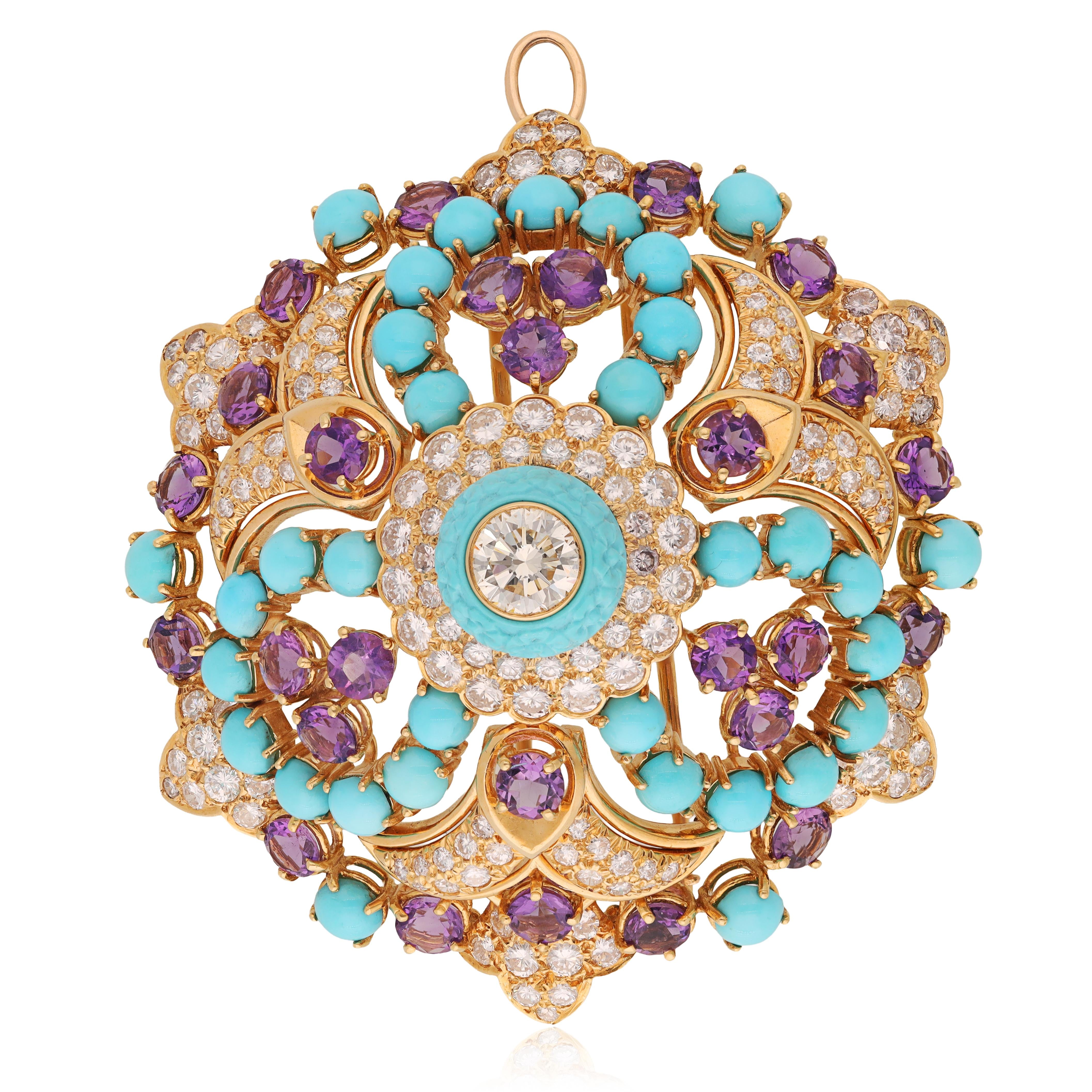 BULGARI Diamond, Amethyst and Turquois Brooch/Pendant