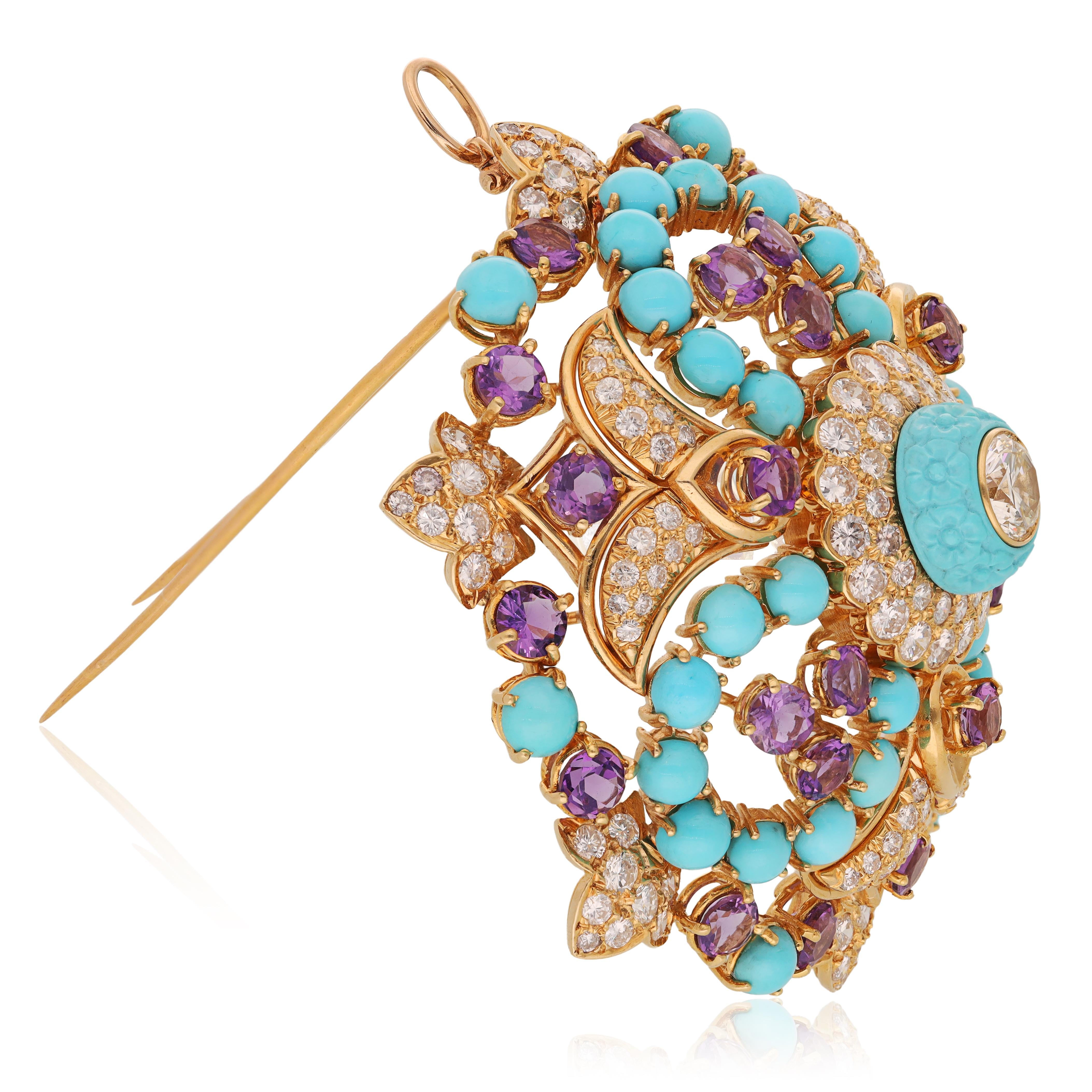 BULGARI Diamond, Amethyst and Turquois Brooch/Pendant