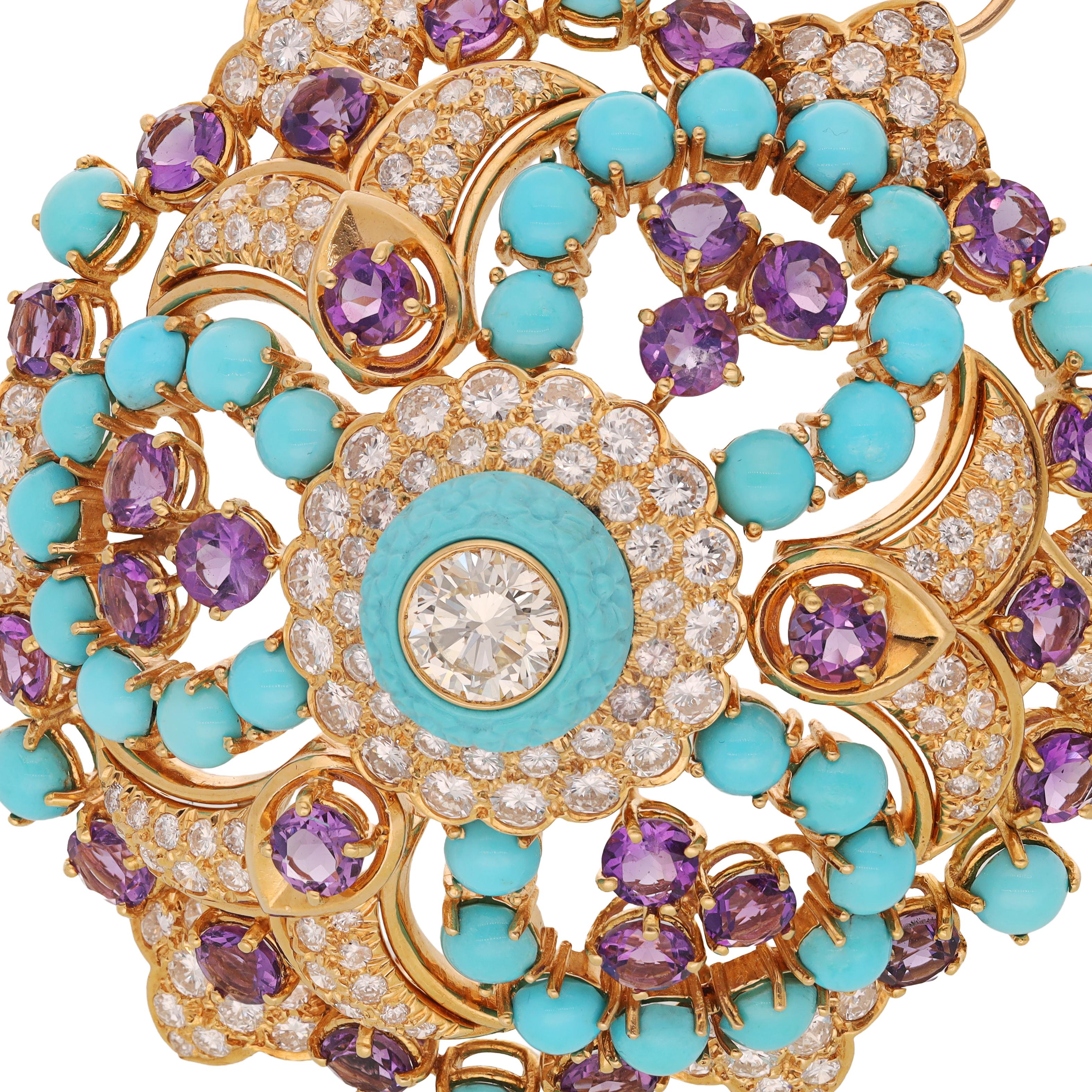 BULGARI Diamond, Amethyst and Turquois Brooch/Pendant