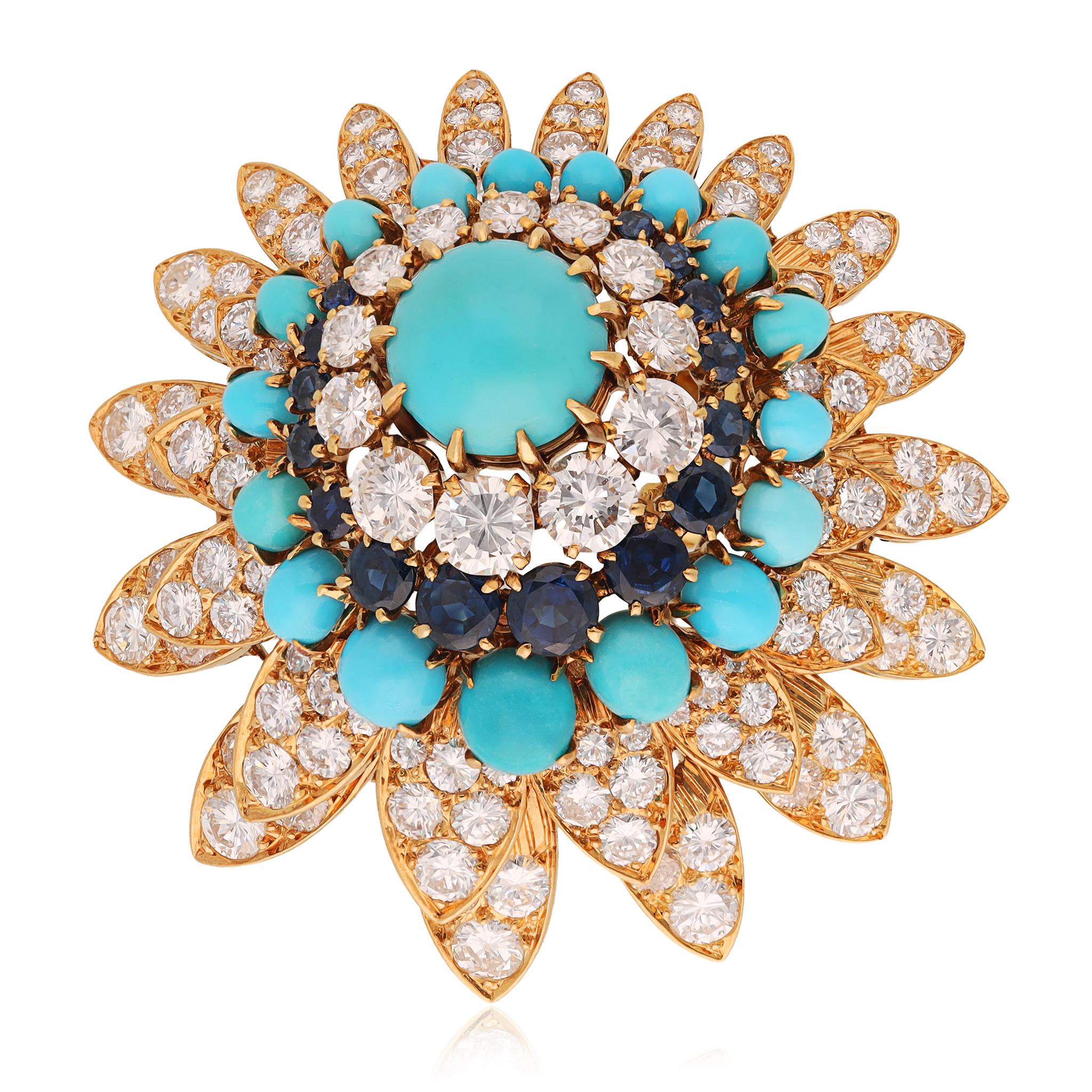 Van Cleef & Arpels 18k Cabochon Turquoise, Sapphire, and Diamond Brooch