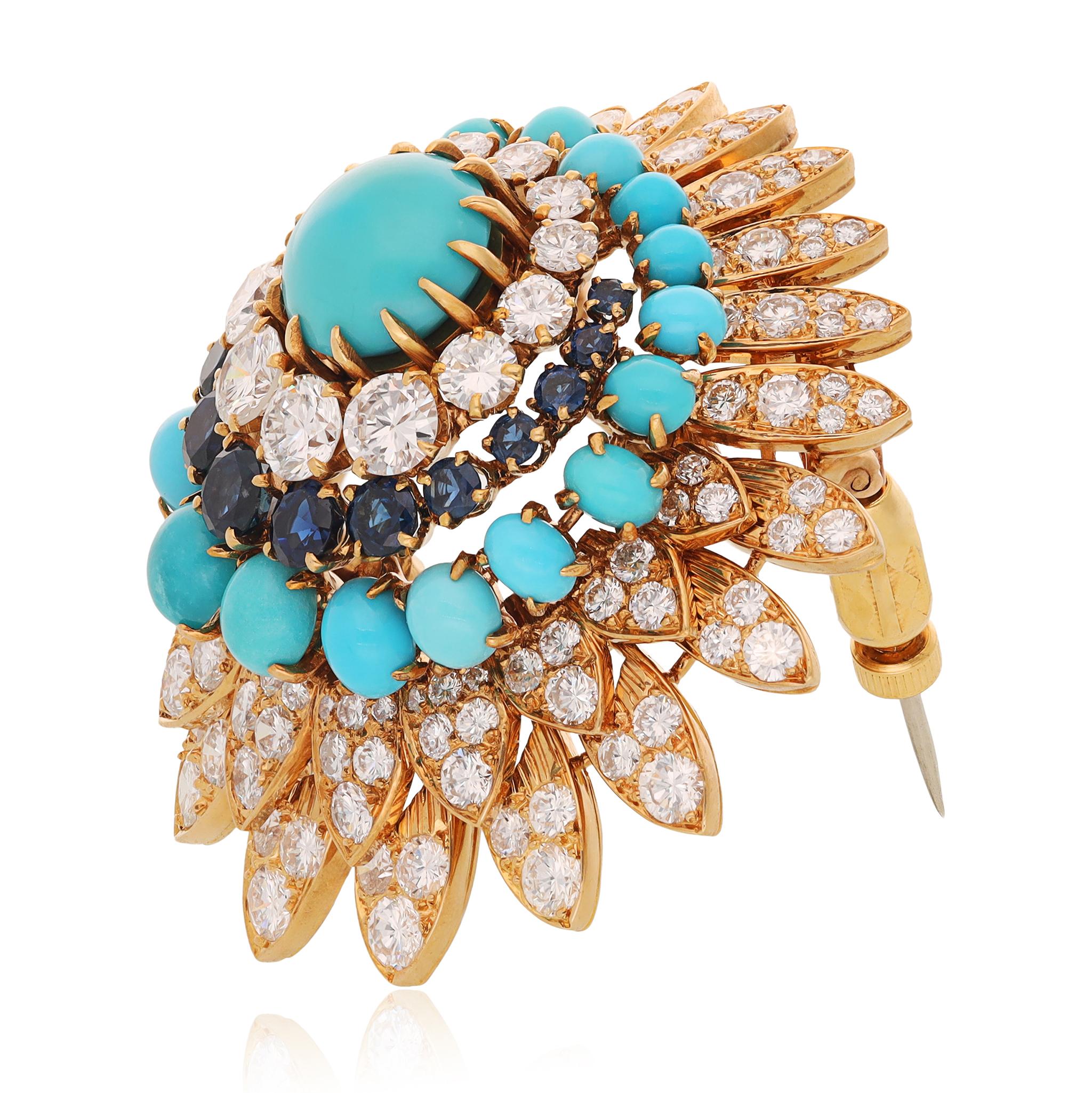 Van Cleef & Arpels 18k Cabochon Turquoise, Sapphire, and Diamond Brooch