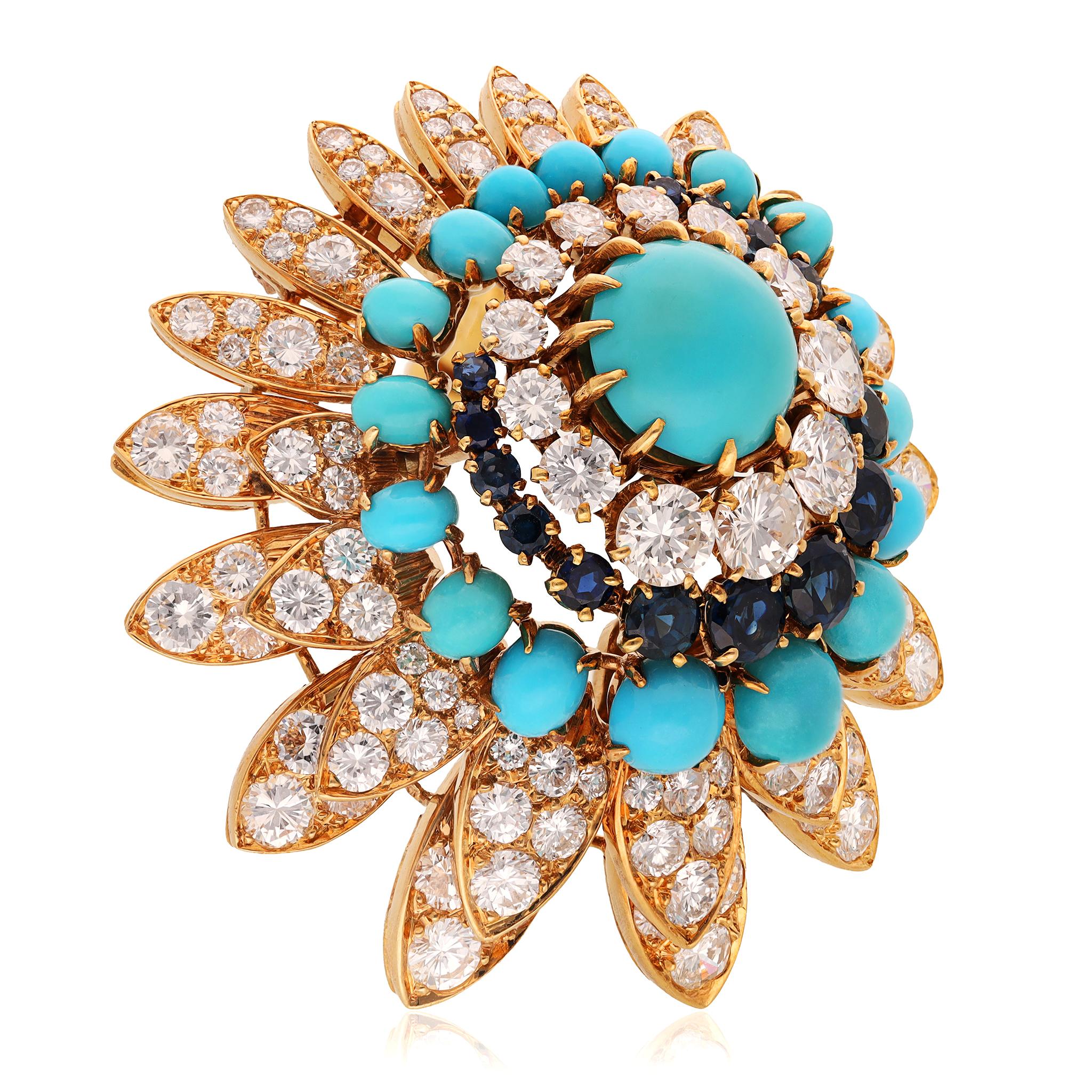 Van Cleef & Arpels 18k Cabochon Turquoise, Sapphire, and Diamond Brooch