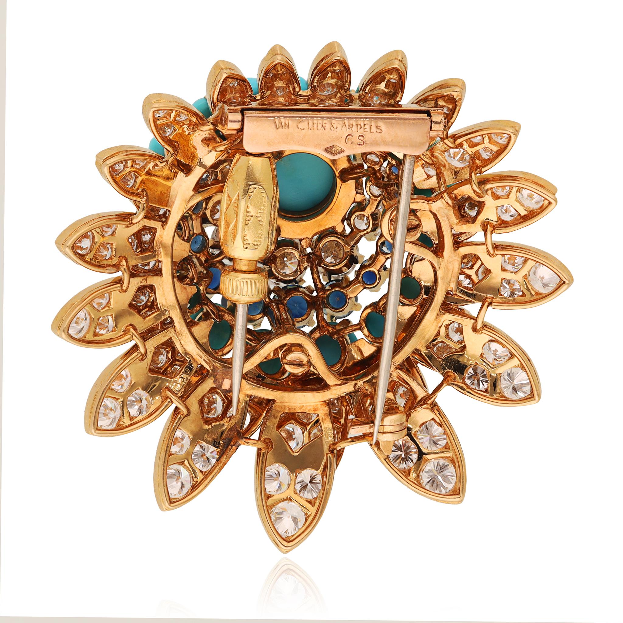 Van Cleef & Arpels 18k Cabochon Turquoise, Sapphire, and Diamond Brooch