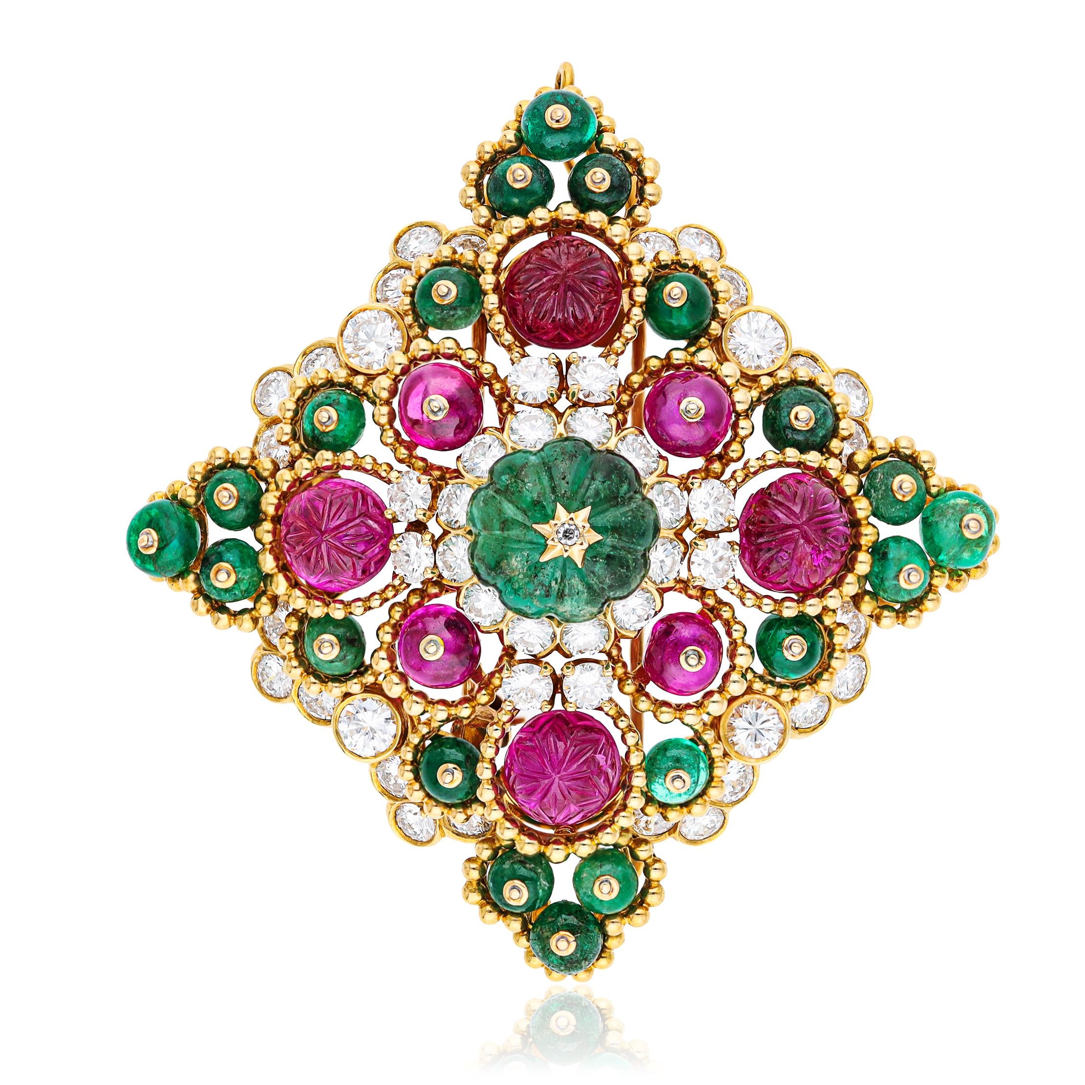 VAN CLEEF & ARPELS Carved Emerald, Ruby, Emerald & Ruby Bead, And Diamond Brooch