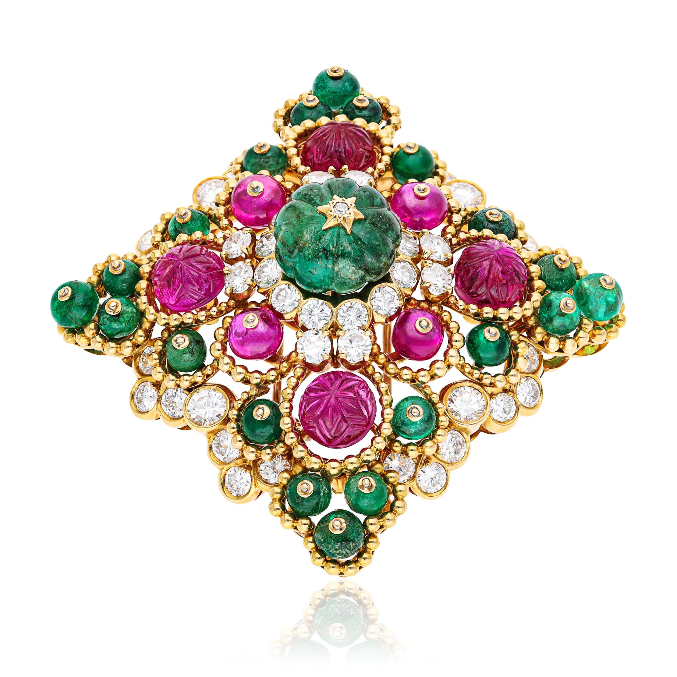 VAN CLEEF & ARPELS Carved Emerald, Ruby, Emerald & Ruby Bead, And Diamond Brooch