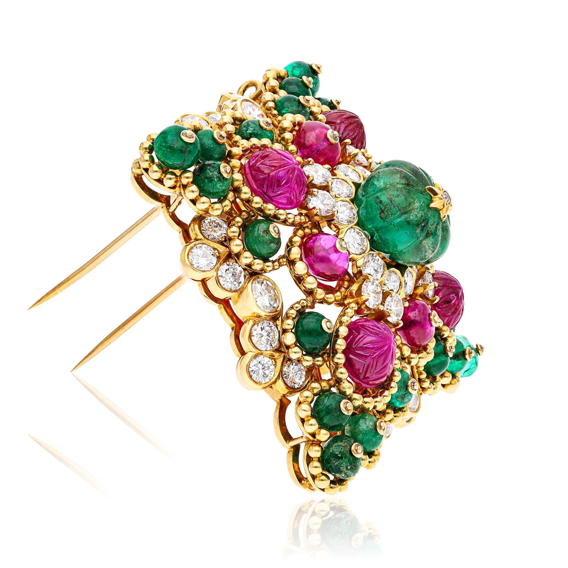 VAN CLEEF & ARPELS Carved Emerald, Ruby, Emerald & Ruby Bead, And Diamond Brooch