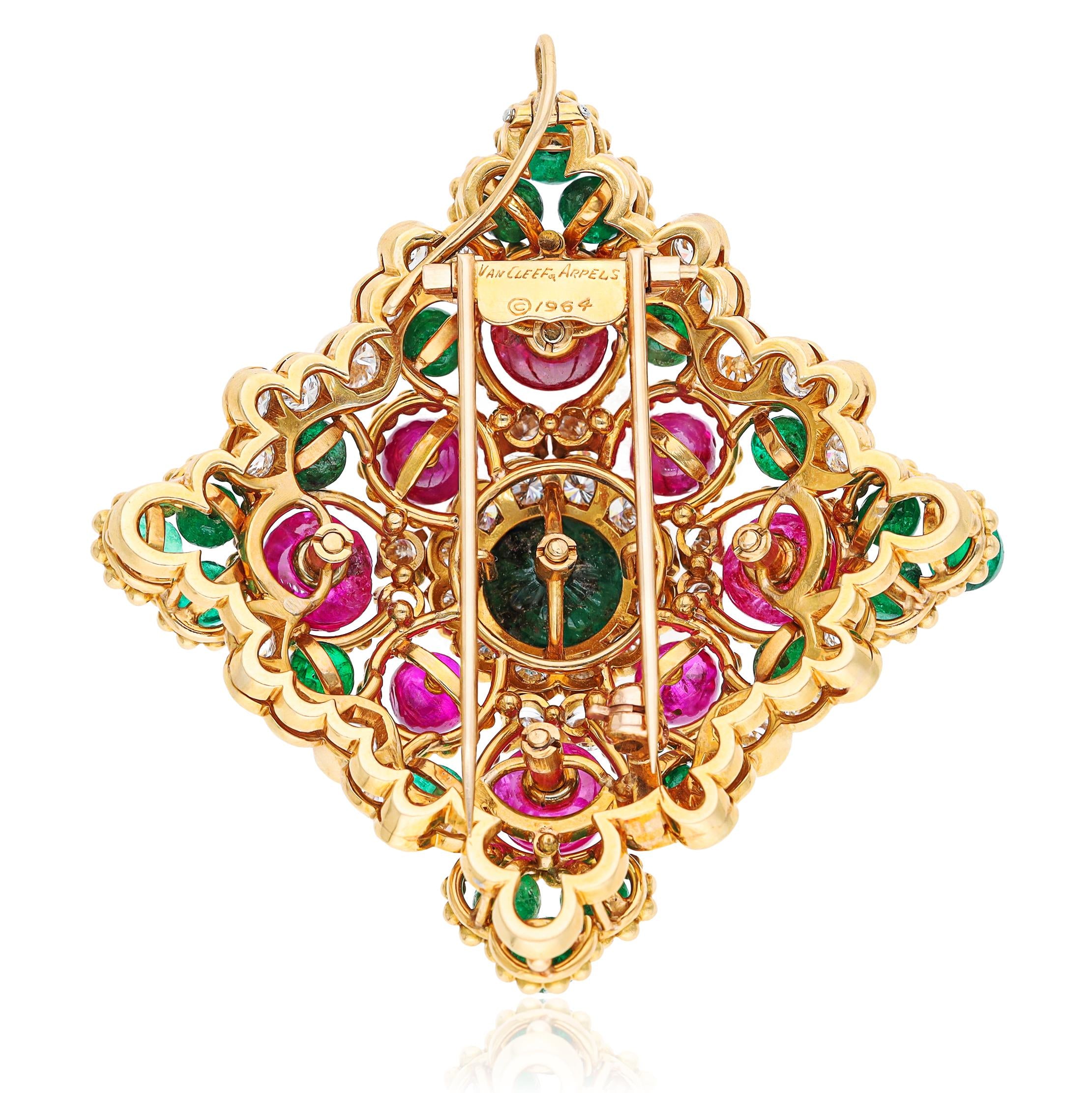 VAN CLEEF & ARPELS Carved Emerald, Ruby, Emerald & Ruby Bead, And Diamond Brooch