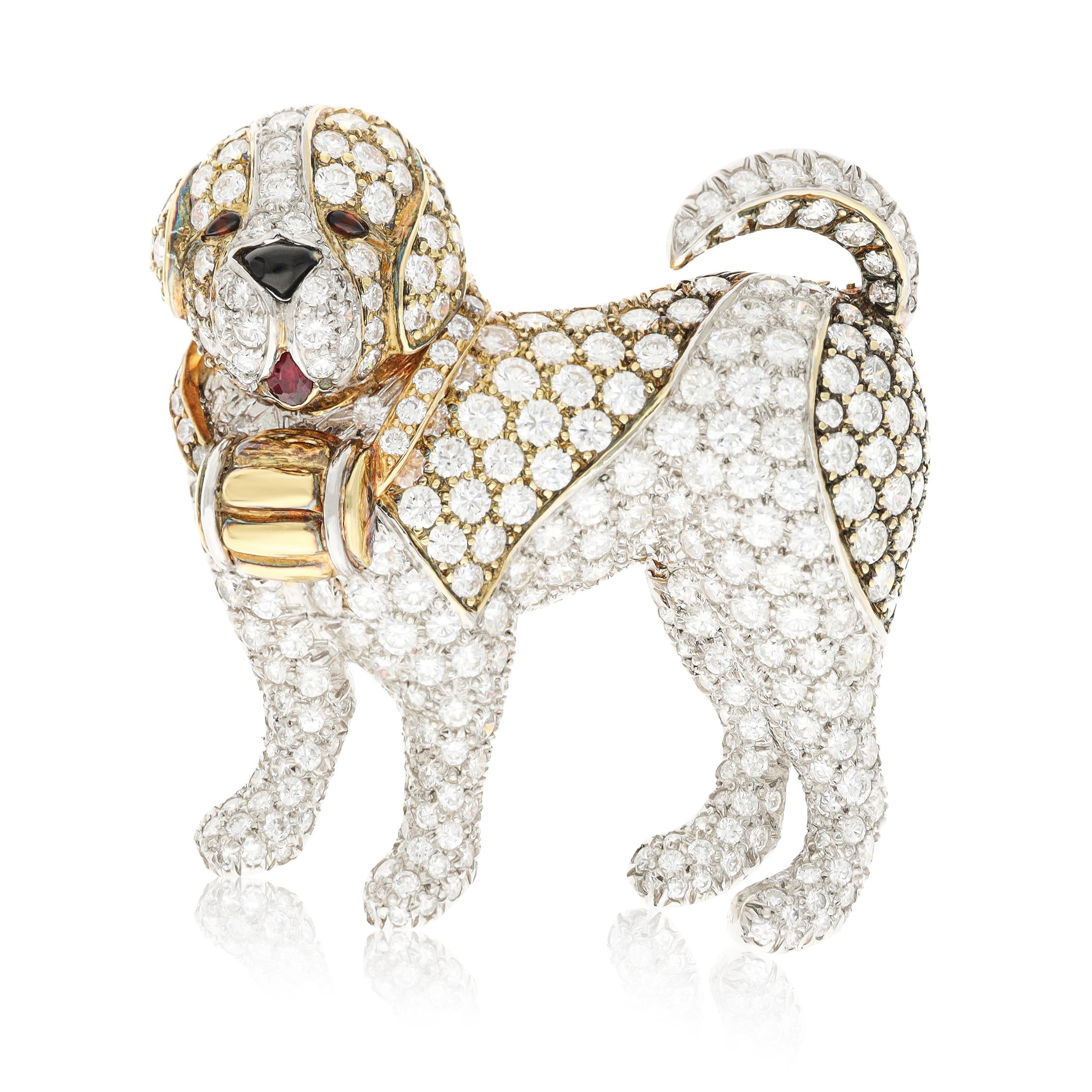 VAN CLEEF & ARPELS Platinum & 18K Yellow Gold, Diamond, Ruby and Onyx Dog Brooch