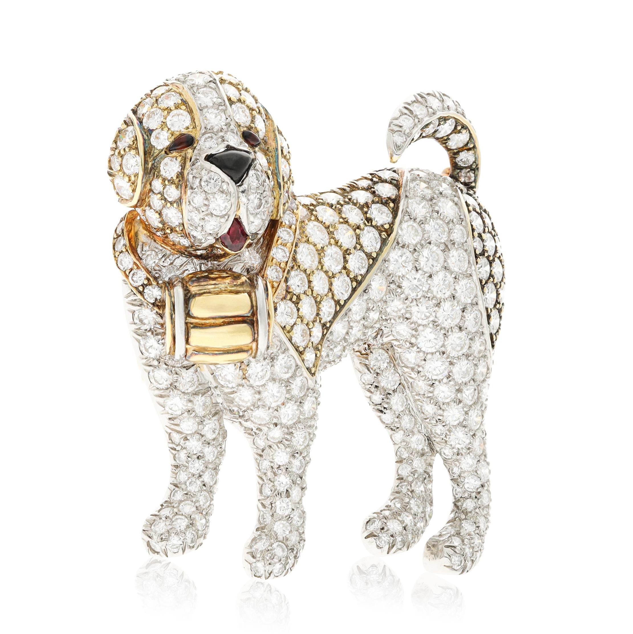 VAN CLEEF & ARPELS Platinum & 18K Yellow Gold, Diamond, Ruby and Onyx Dog Brooch