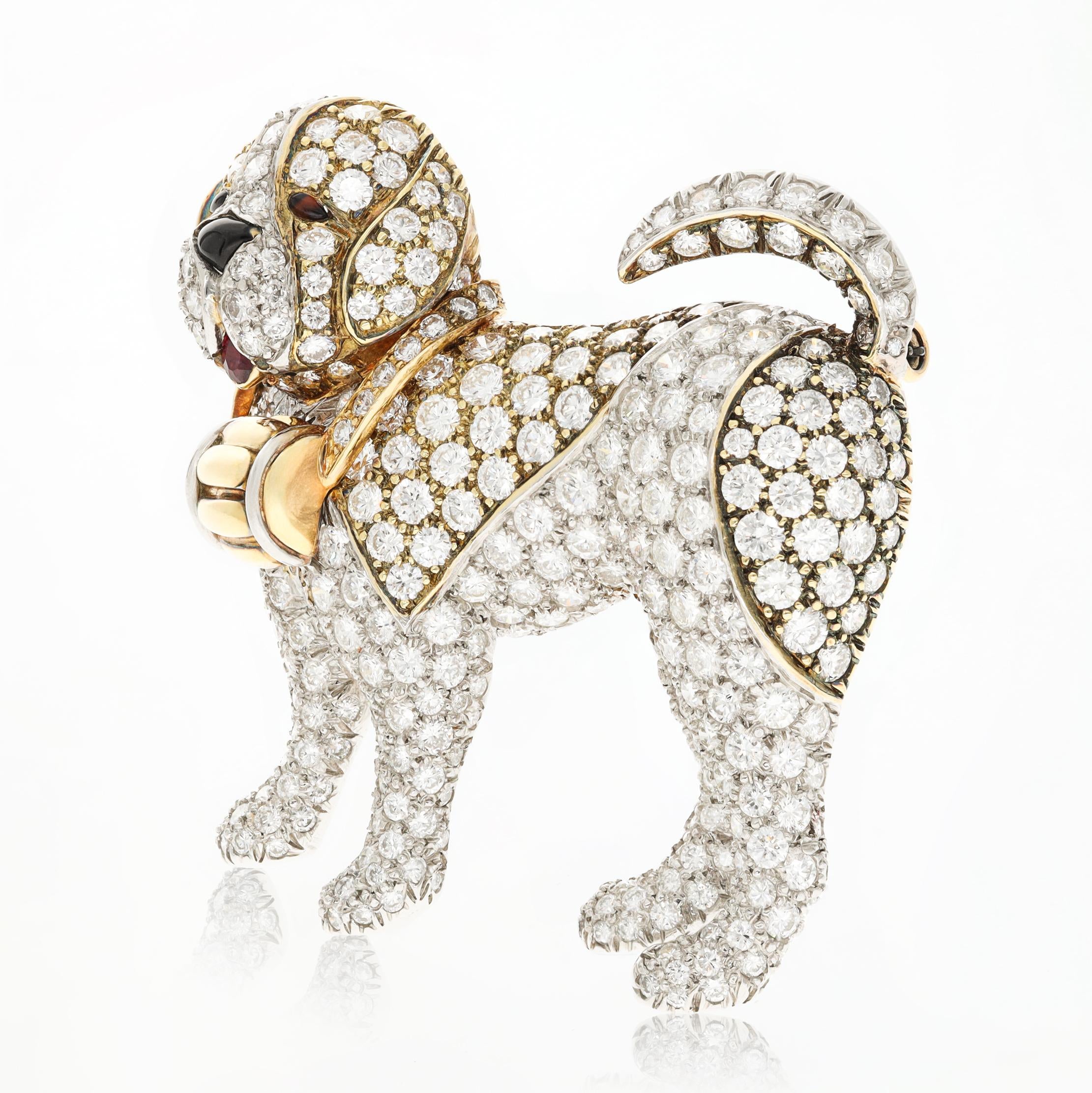 VAN CLEEF & ARPELS Platinum & 18K Yellow Gold, Diamond, Ruby and Onyx Dog Brooch