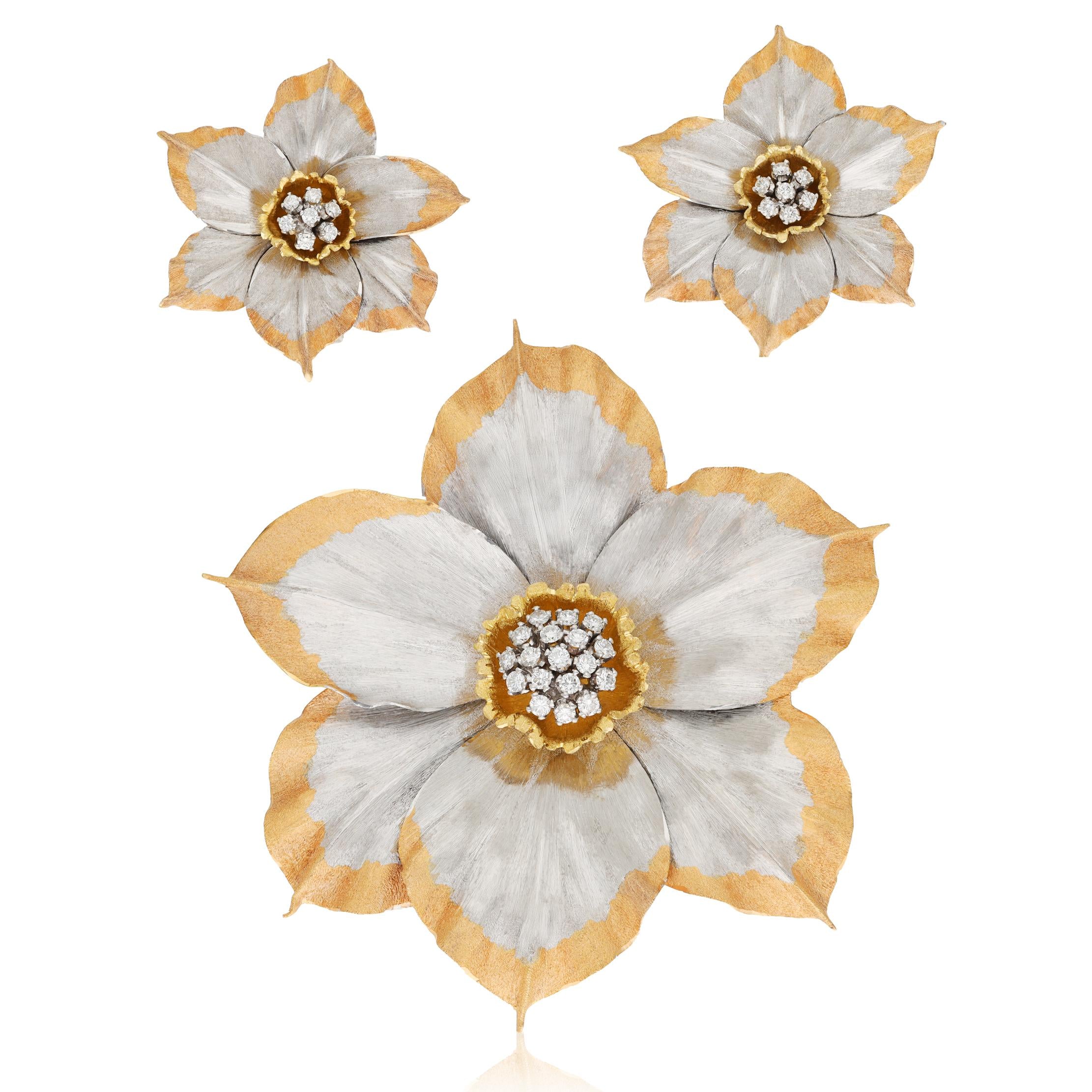 BUCCELLATI Diamond Blossom Collection Brooch and Ear Clips