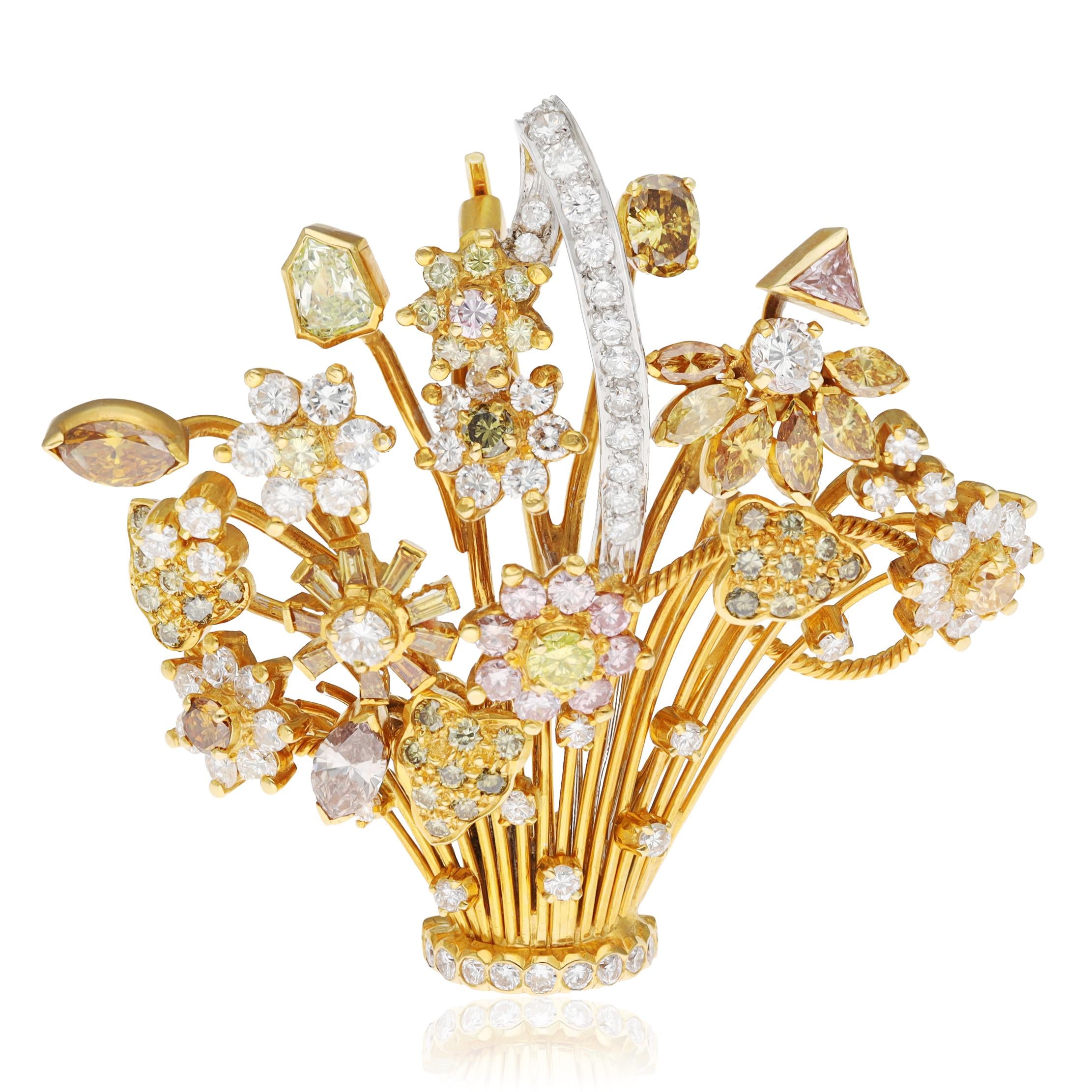 18K Yellow Gold Yellow and Fancy Colored Diamond Flower Basket Clip