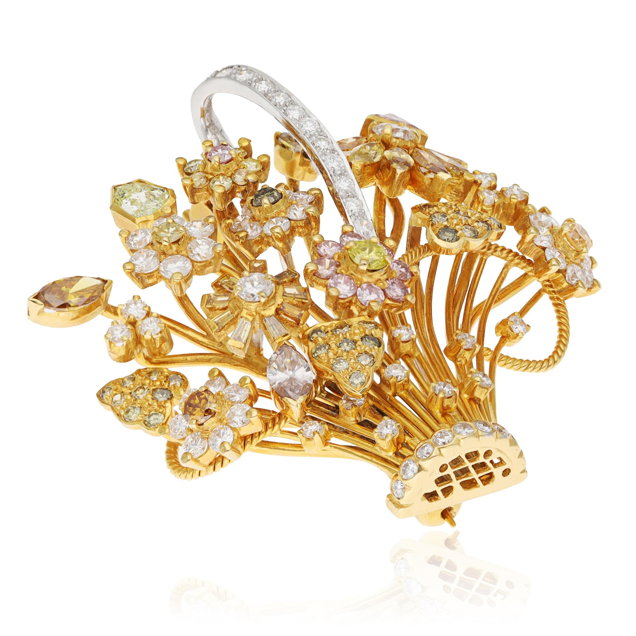 18K Yellow Gold Yellow and Fancy Colored Diamond Flower Basket Clip