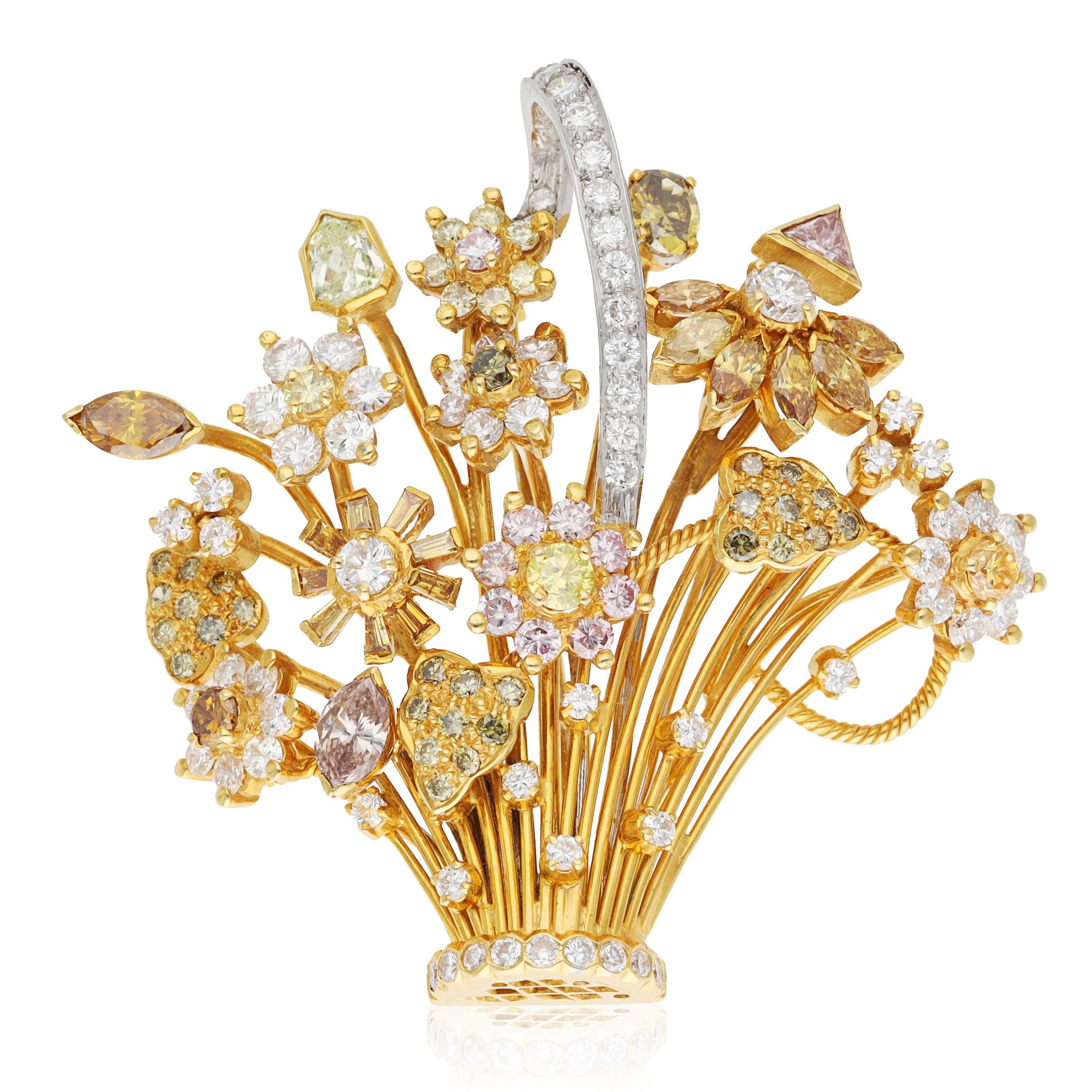 18K Yellow Gold Yellow and Fancy Colored Diamond Flower Basket Clip