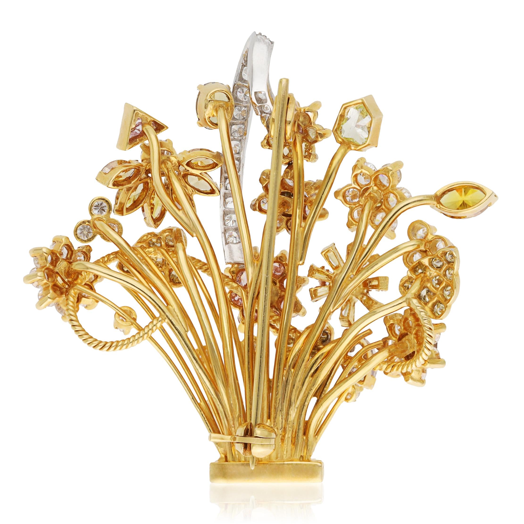 18K Yellow Gold Yellow and Fancy Colored Diamond Flower Basket Clip